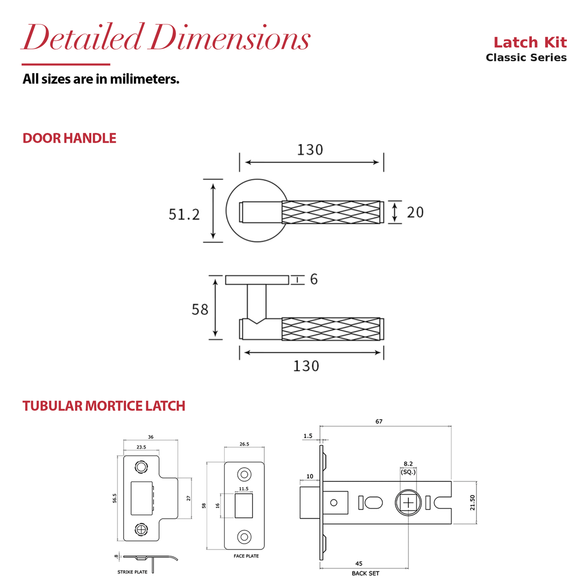 Tore Matt Black Passage Door Lever Handles – dimensions and measurements diagram