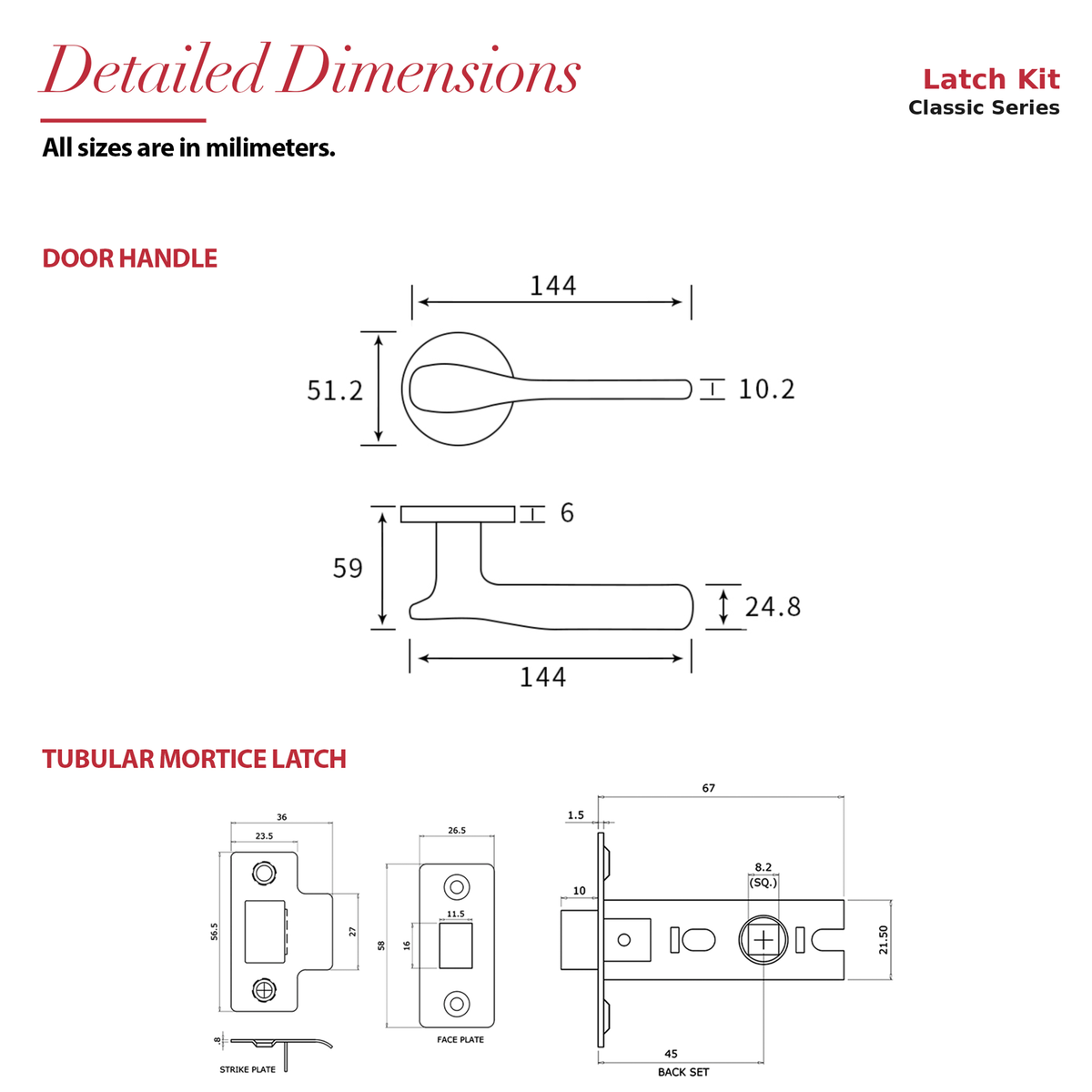 Verita Antique Brass Passage Door Lever Handles – dimensions and measurements diagram