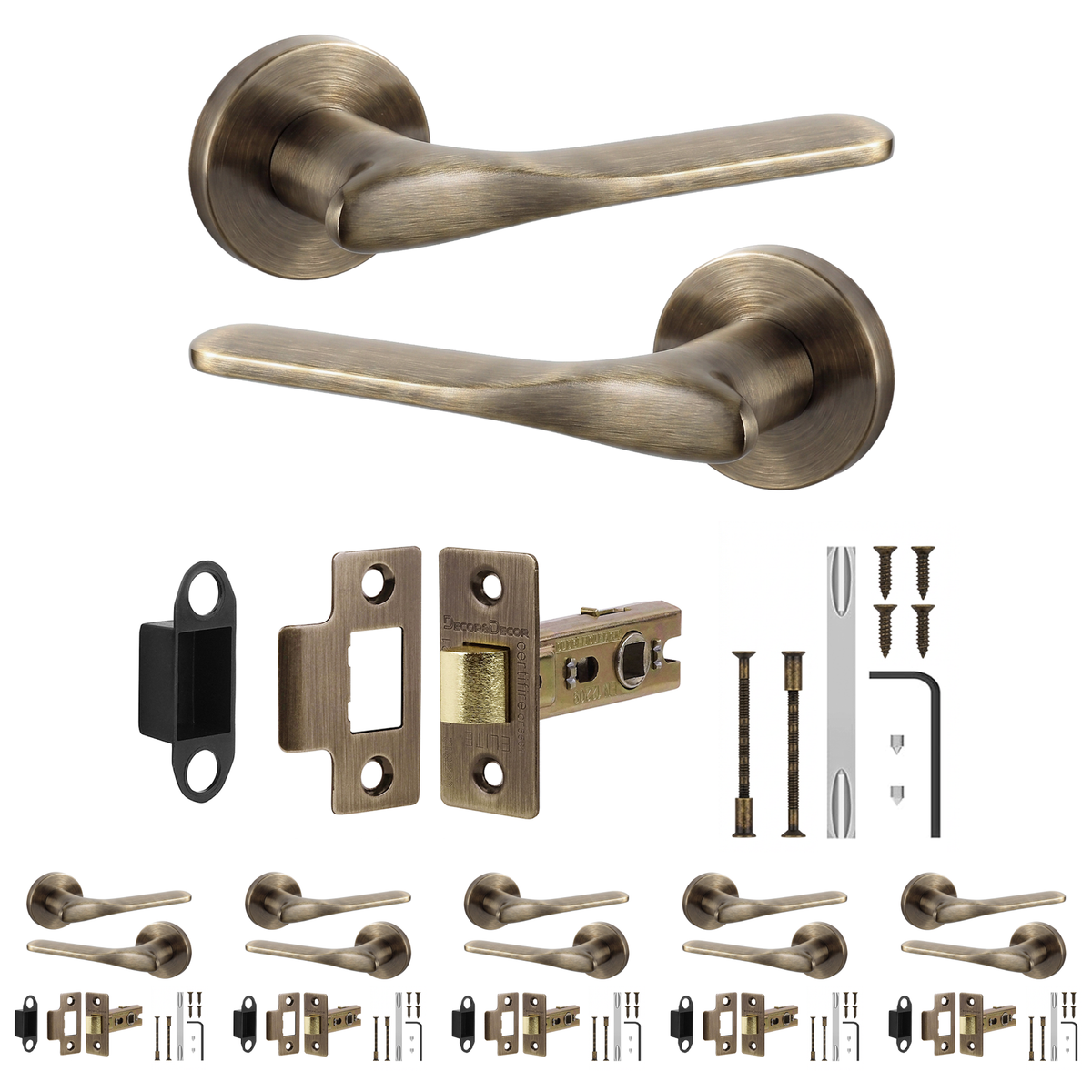 Verita Antique Brass Passage Door Lever Handles - Latch Kit 64mm - Pack of 6