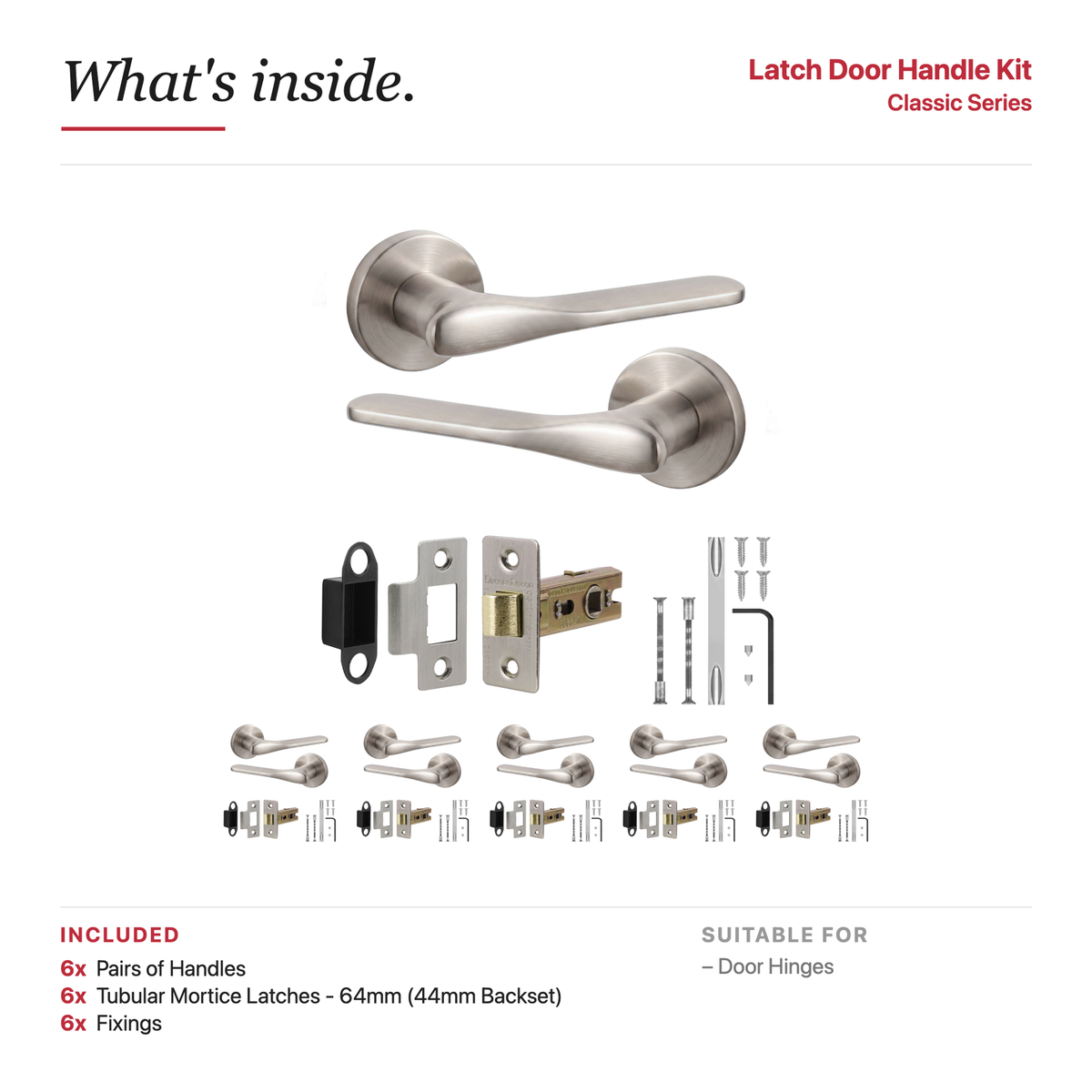 Verita Satin Nickel Passage Door Lever Handles – showing what's included in the box