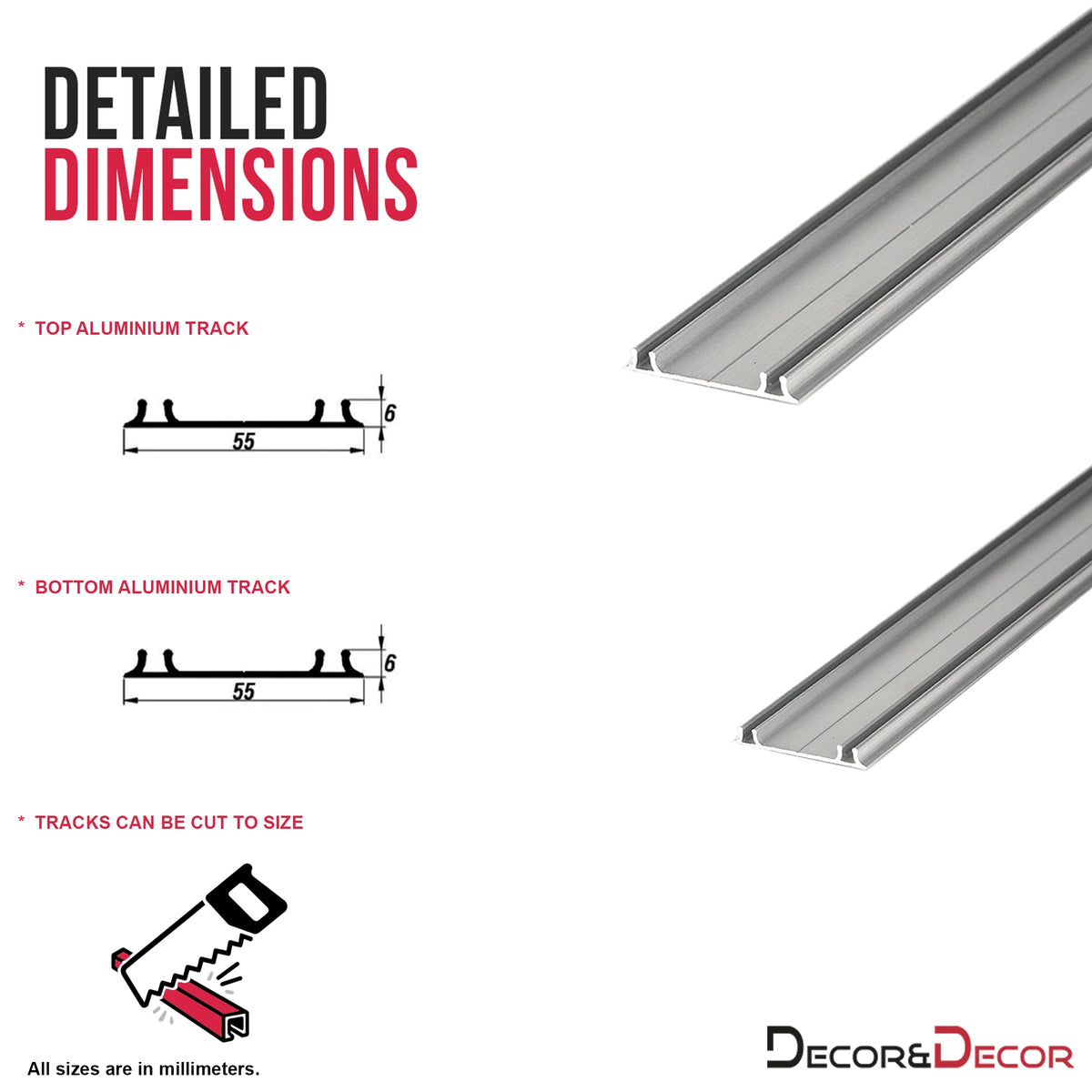 ES-Slide Wardrobe Sliding Door Kit - 3 Door - 3600mm Track - Both Way Soft Close – showing that the track can be cut to size