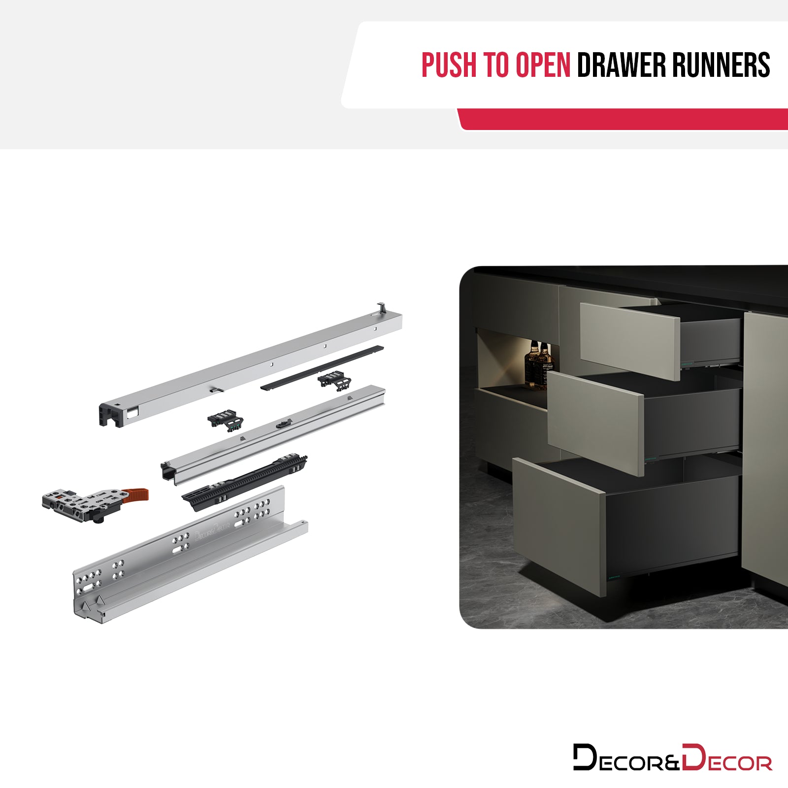 Push to Open and Soft Close Undermount Drawer Runners - Full Extension - 400mm Length