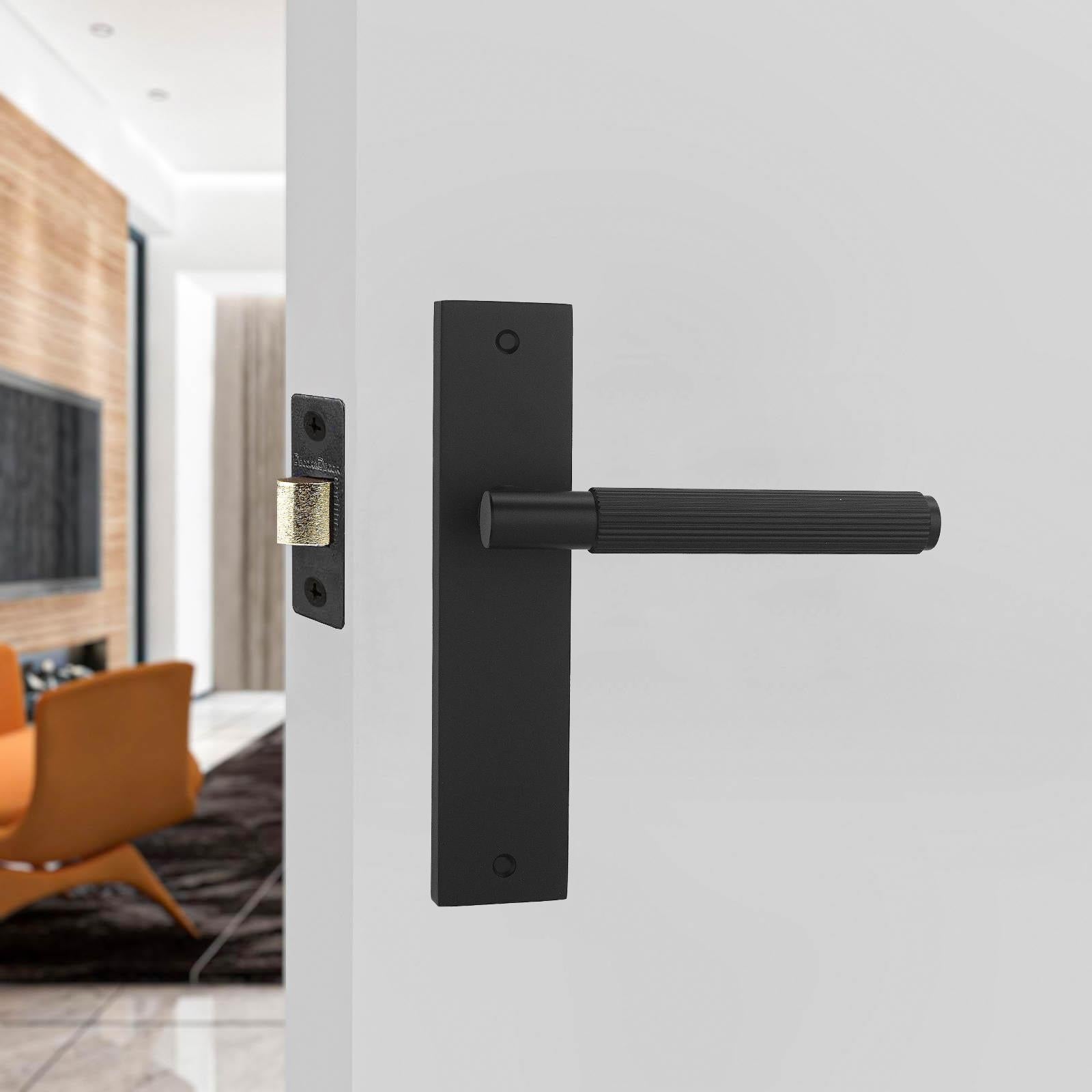 Hera Matt Black Passage Door Handles on Backplate - Latch Kit Set