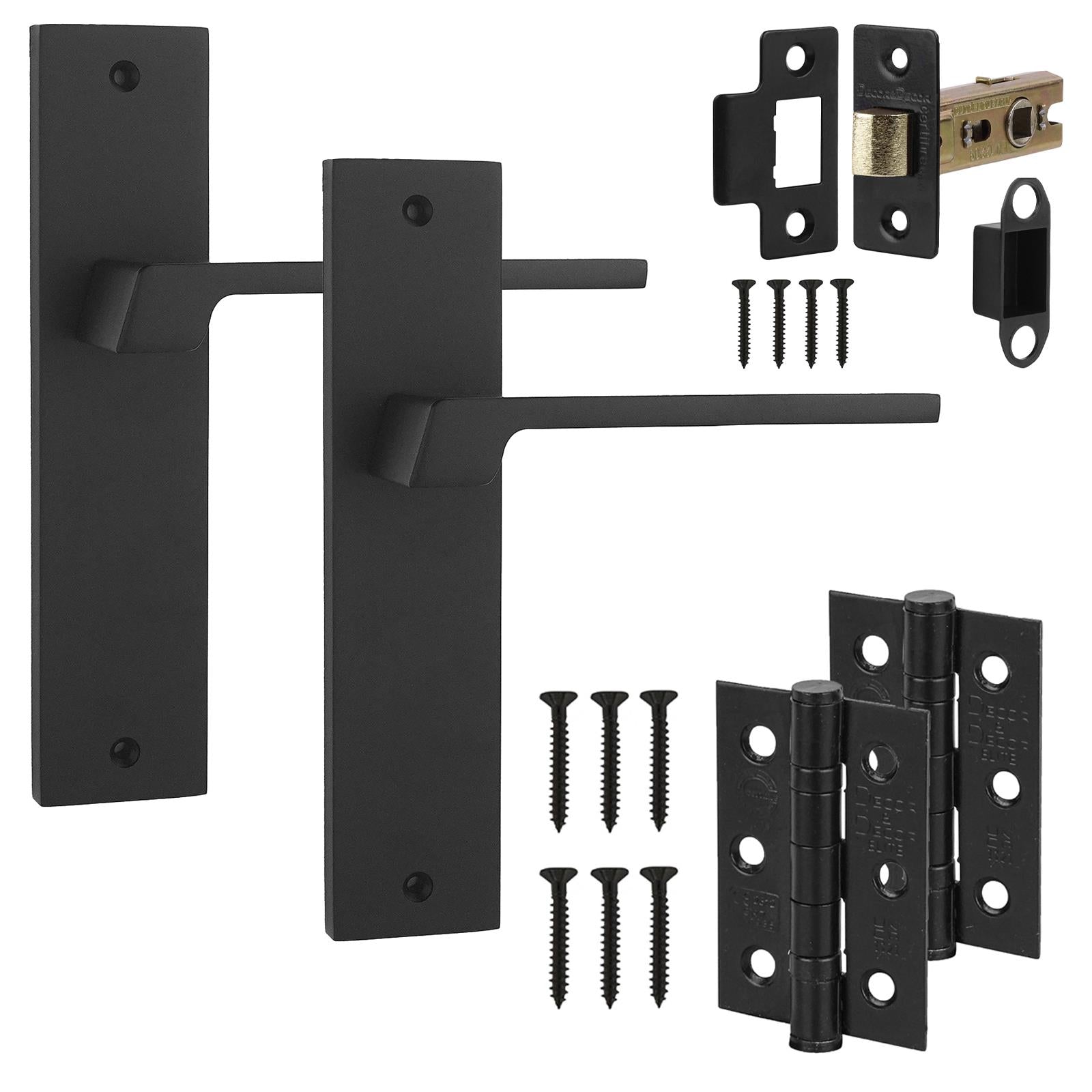 Spectra Matt Black Passage Door Handles on Backplate - Latch and Hinge Set