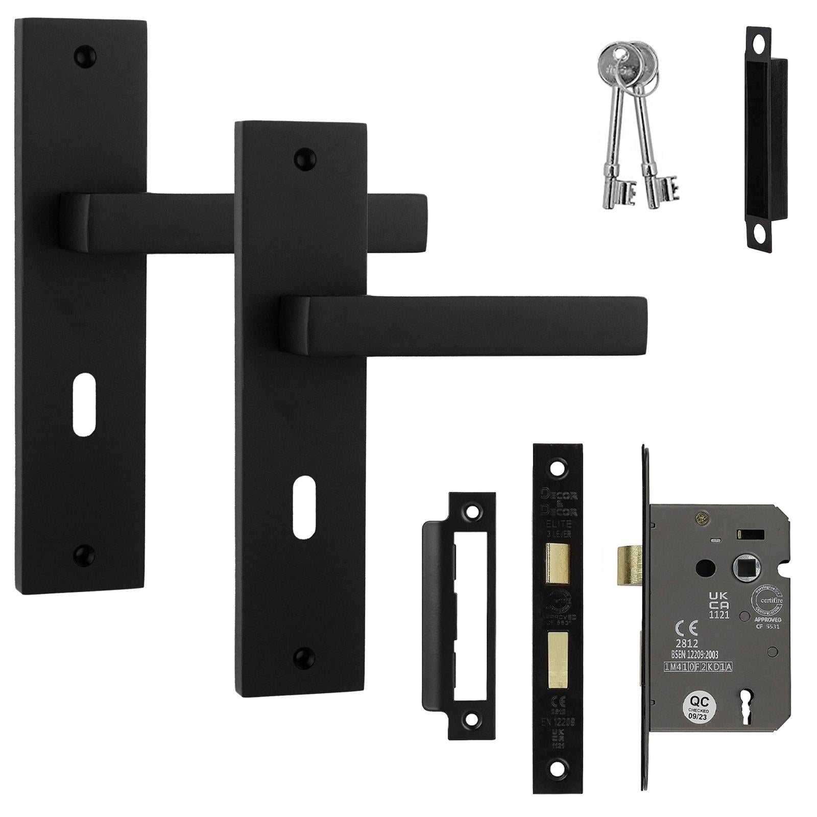 Lumina Matt Black Privacy Door Handles on Backplate with Keys - Sash Lock Kit Set