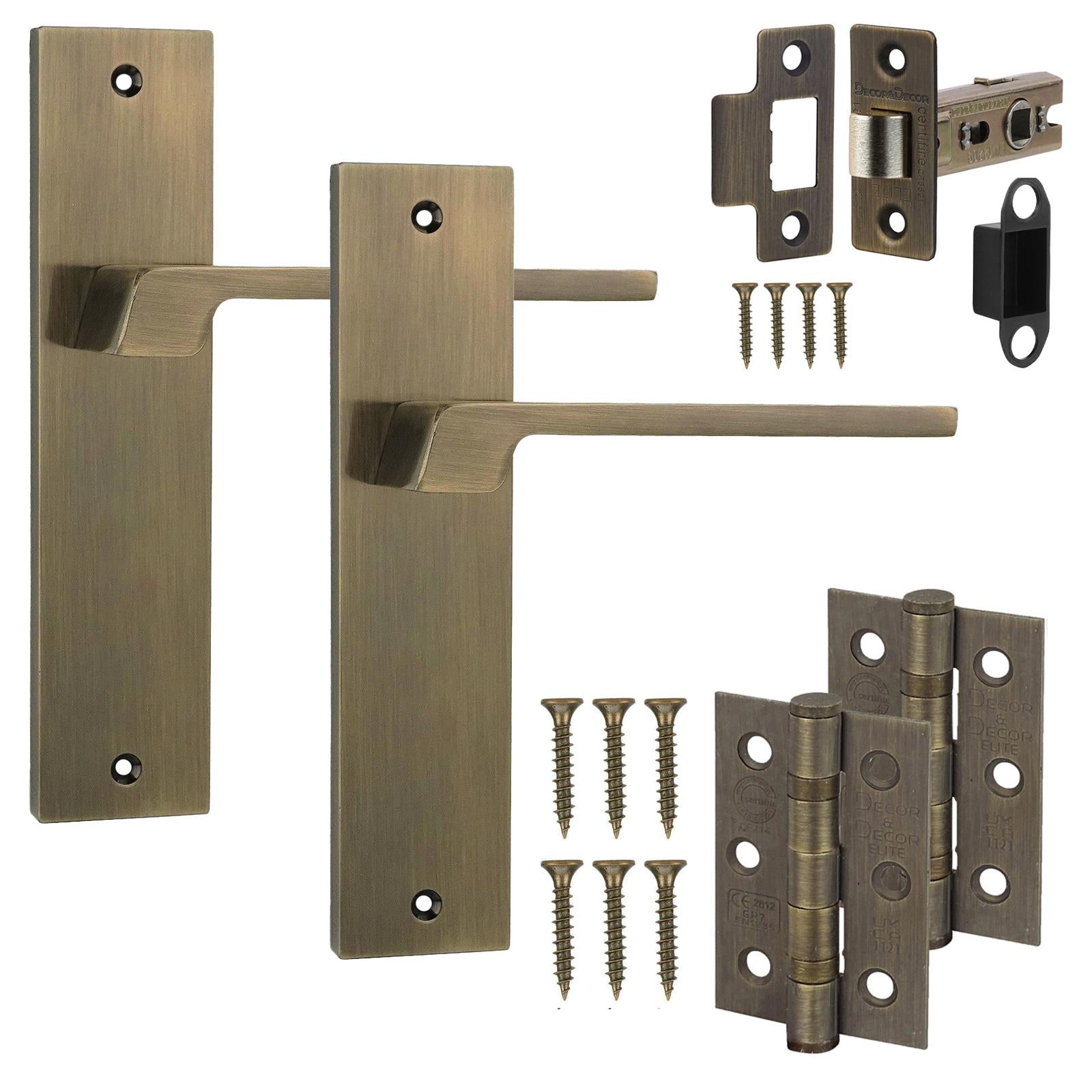 Spectra Antique Brass Passage Door Handles on Backplate - Latch and Hinge Set