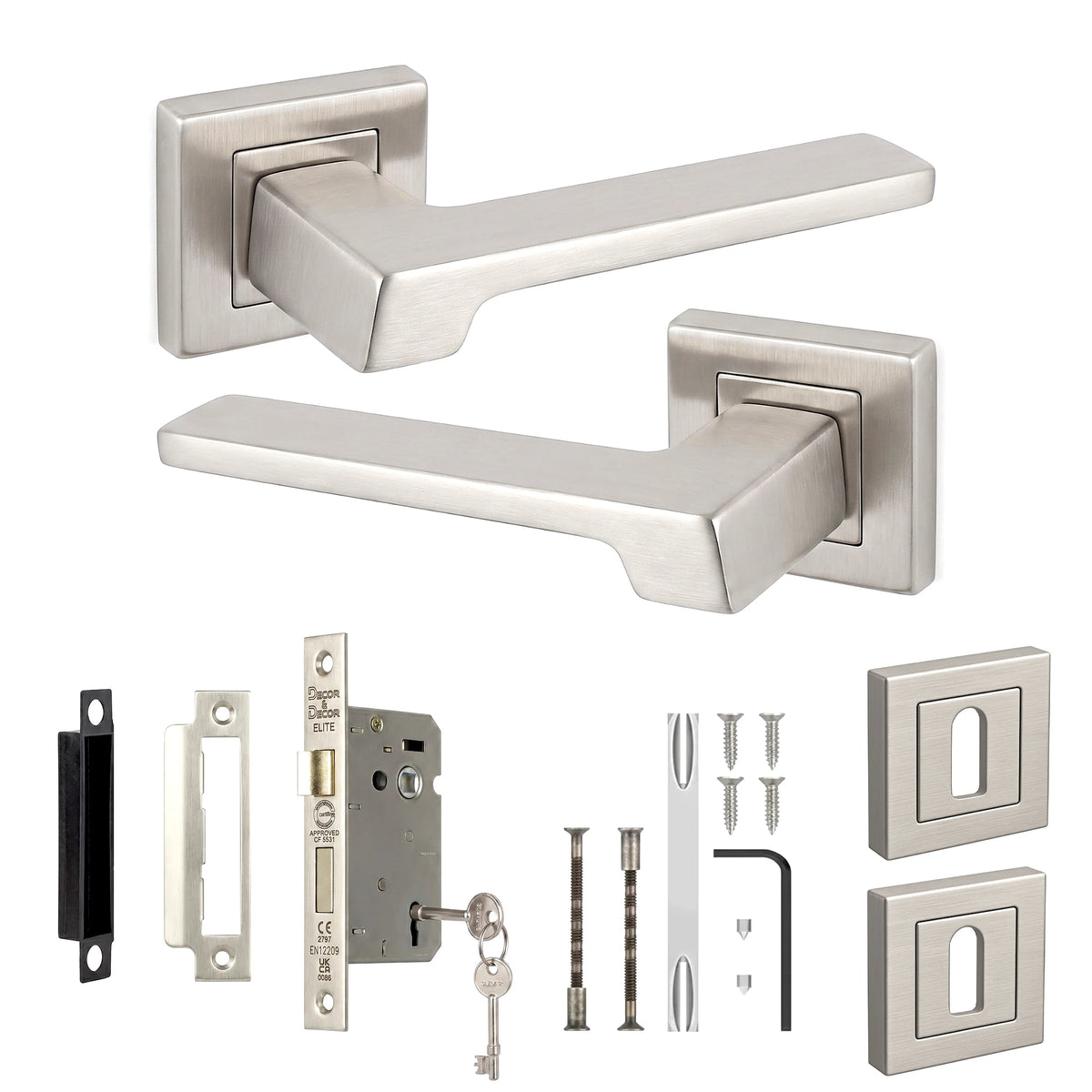 Spectra Satin Nickel Privacy Door Lever Handles - Sash Lock Kit Set