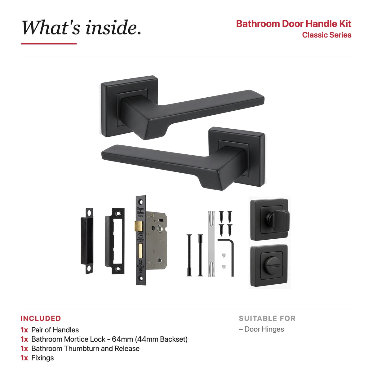 Spectra Matt Black Bathroom Door Lever Handles – showing what's included in the box