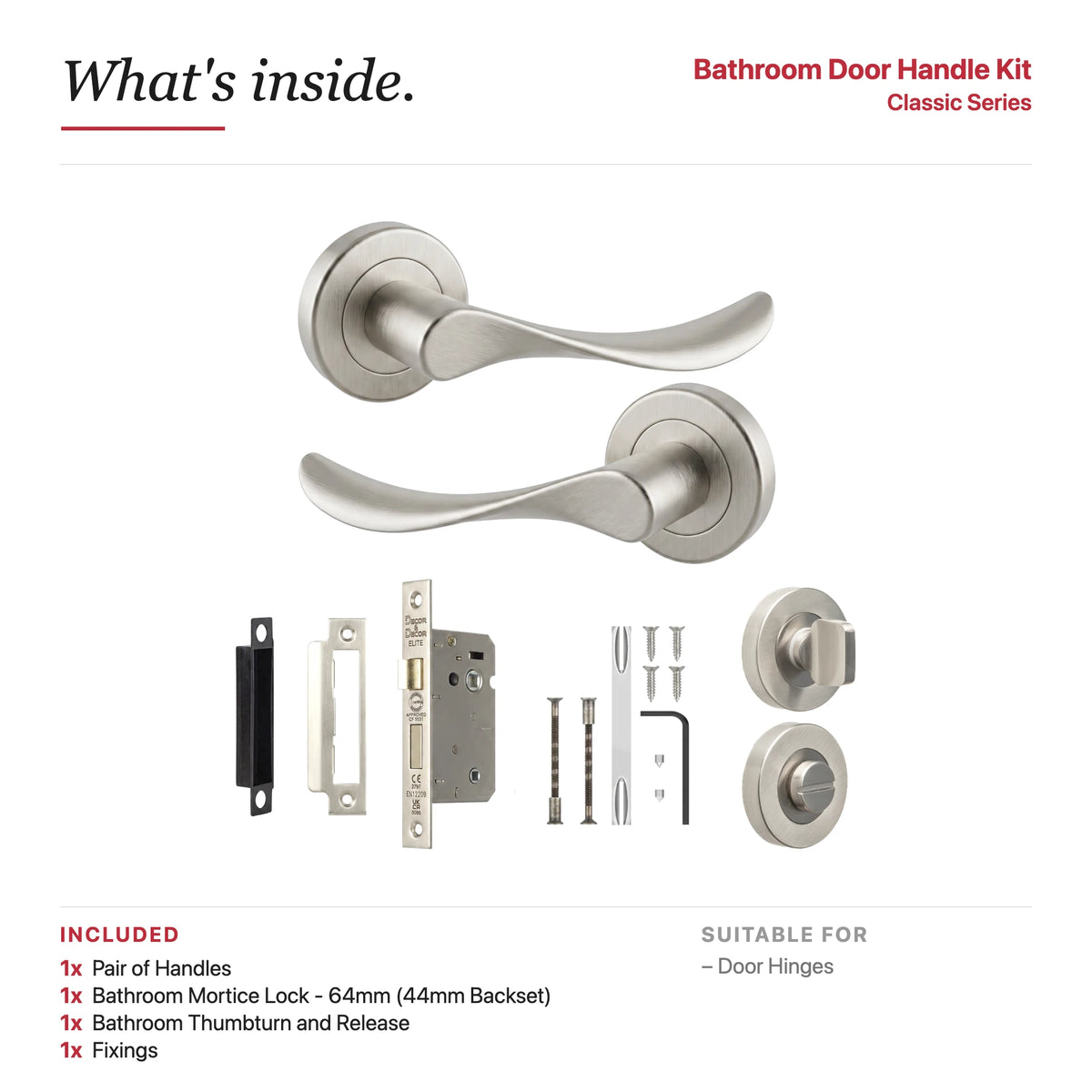 Nimbus Satin Nickel Bathroom Door Lever Handles- Bathroom Kit Set – showing what's included in the box