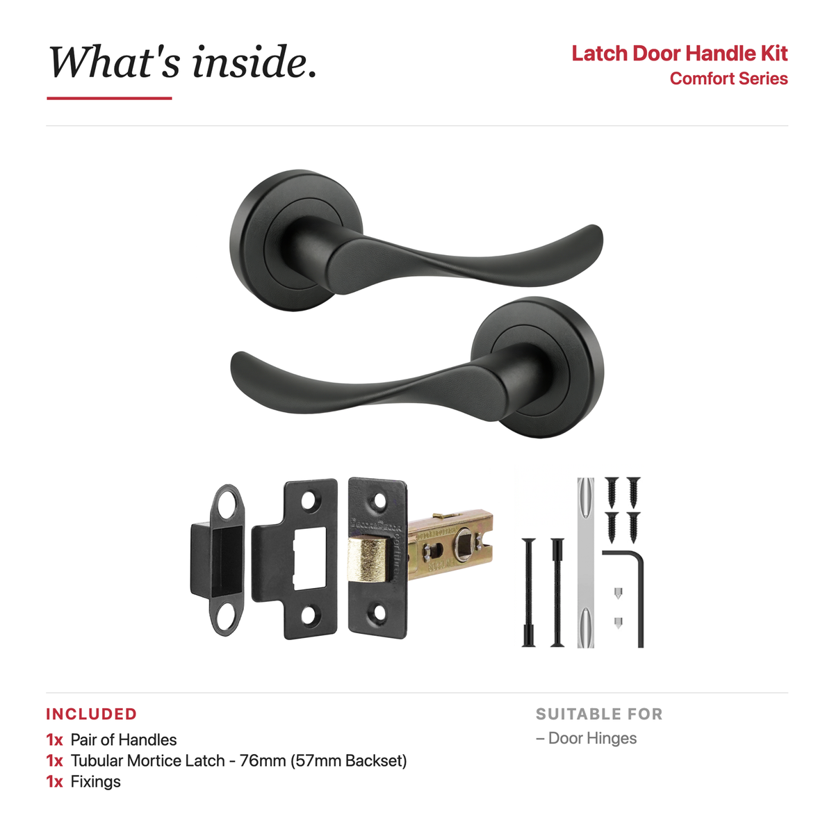 Nimbus Matt Black Passage Door Lever Handles – showing what's included in the box