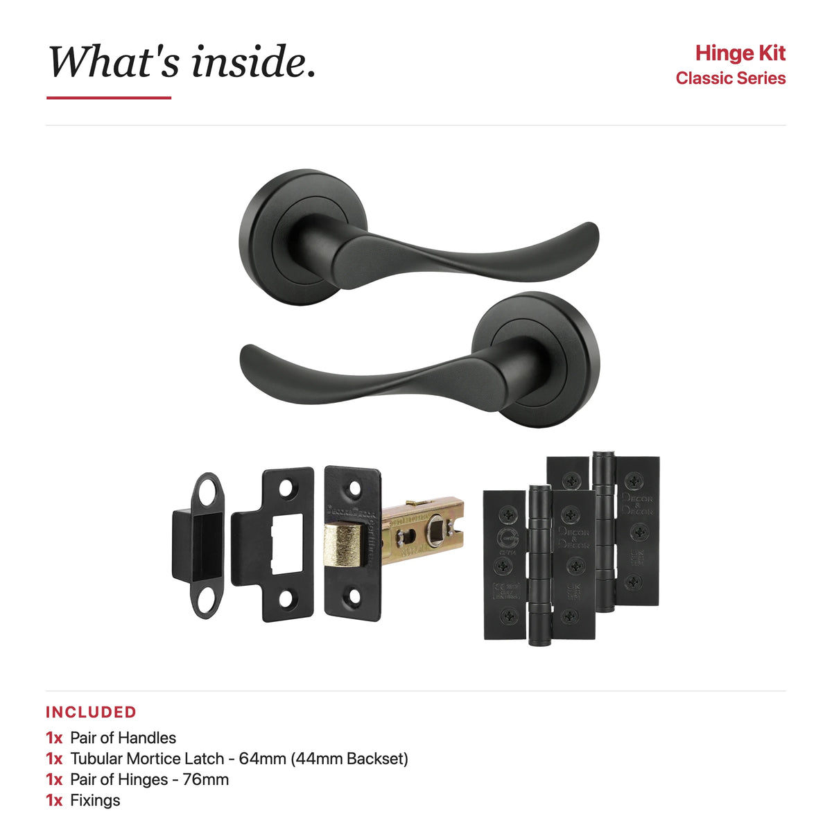 Nimbus Matt Black Door Lever Handles- Latch And Hinge Set – showing what's included in the box
