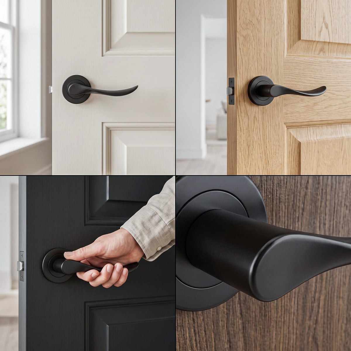 Nimbus Matt Black Door Lever Handles – fitted on an interior door in a styled room setting