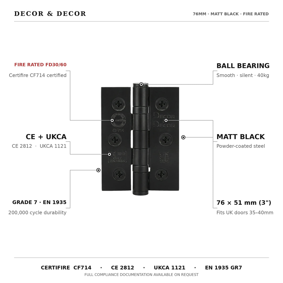 Ball Bearing Fire Rated Door Hinges - 76mm - Pair - Matt Black – view 4