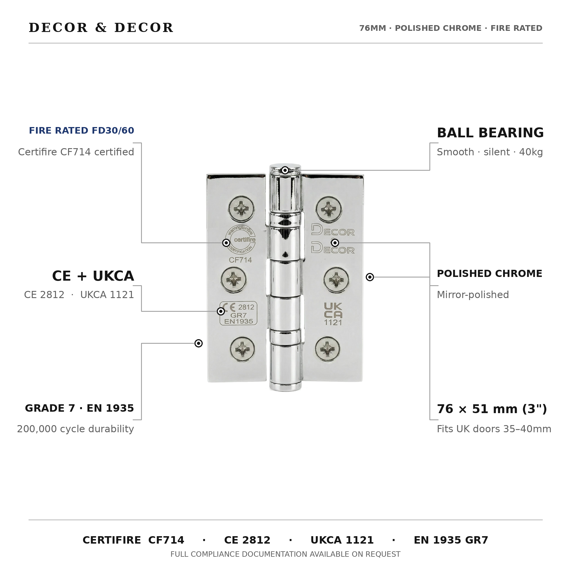 Ball Bearing Fire Rated Door Hinges - 76mm - Pair - Polished Chrome
