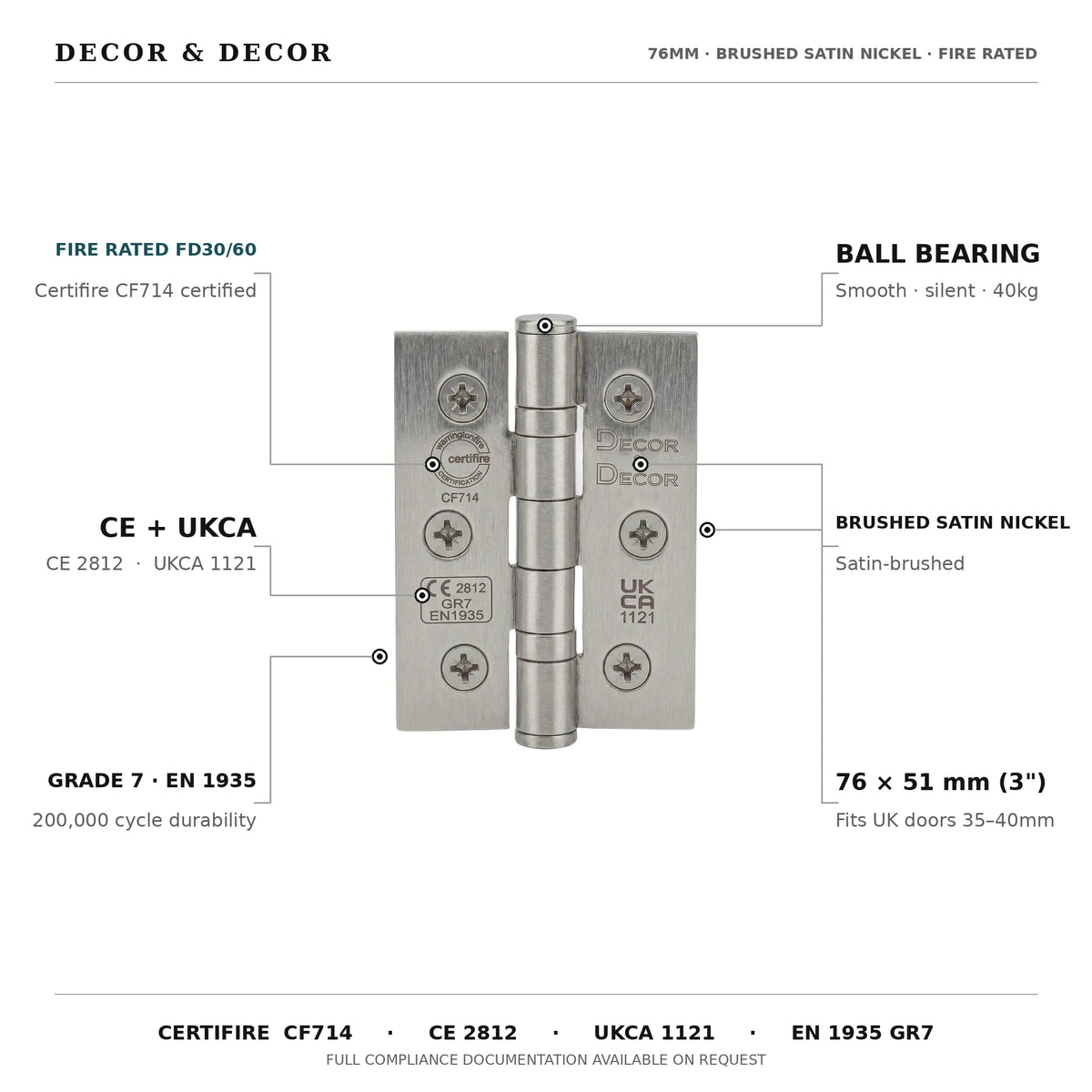 Ball Bearing Fire Rated Door Hinges - 76mm - Pair - Satin Nickel – view 4
