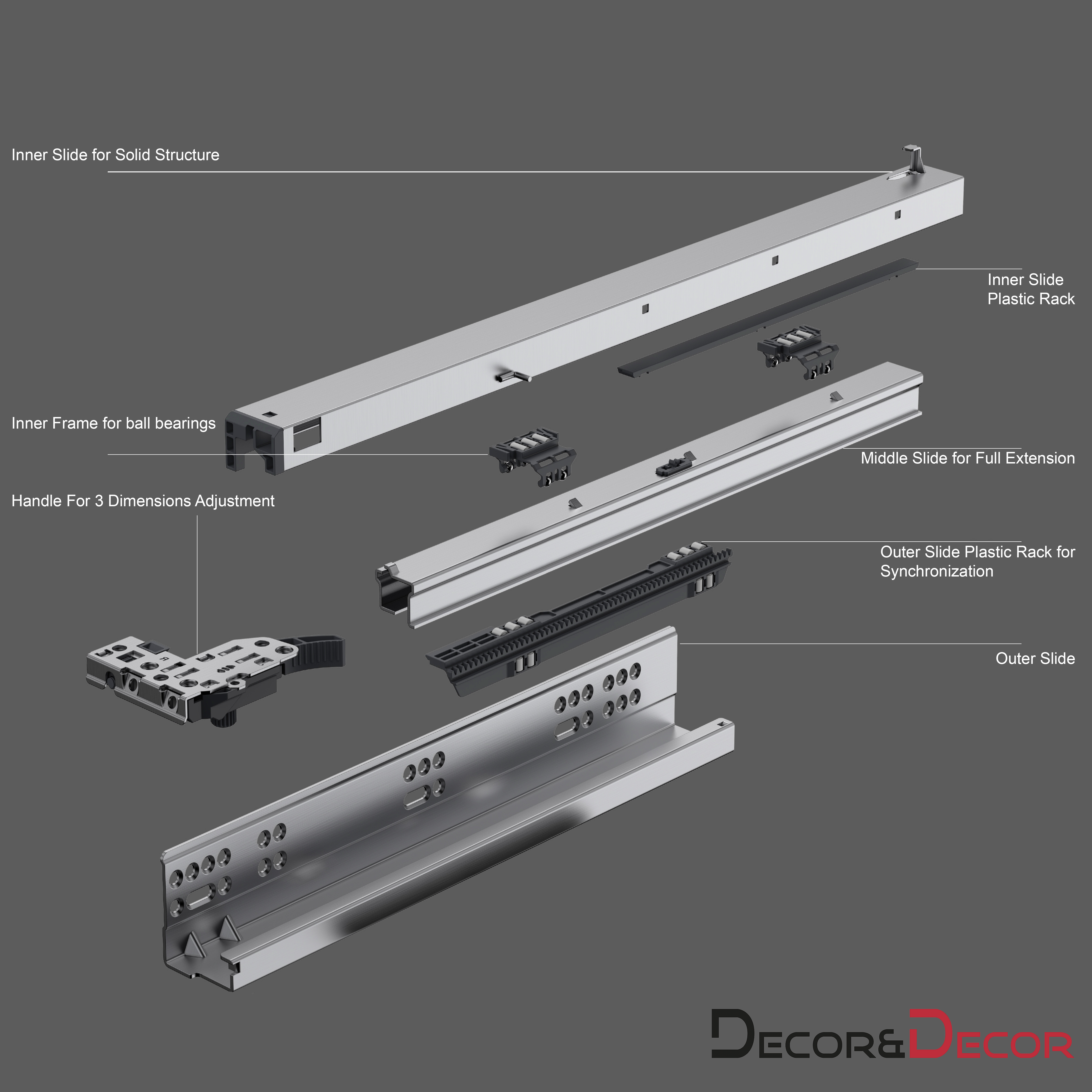 Undermount Drawer Runners 400mm - Push to Open, Full Extension - 390mm Drawer Length