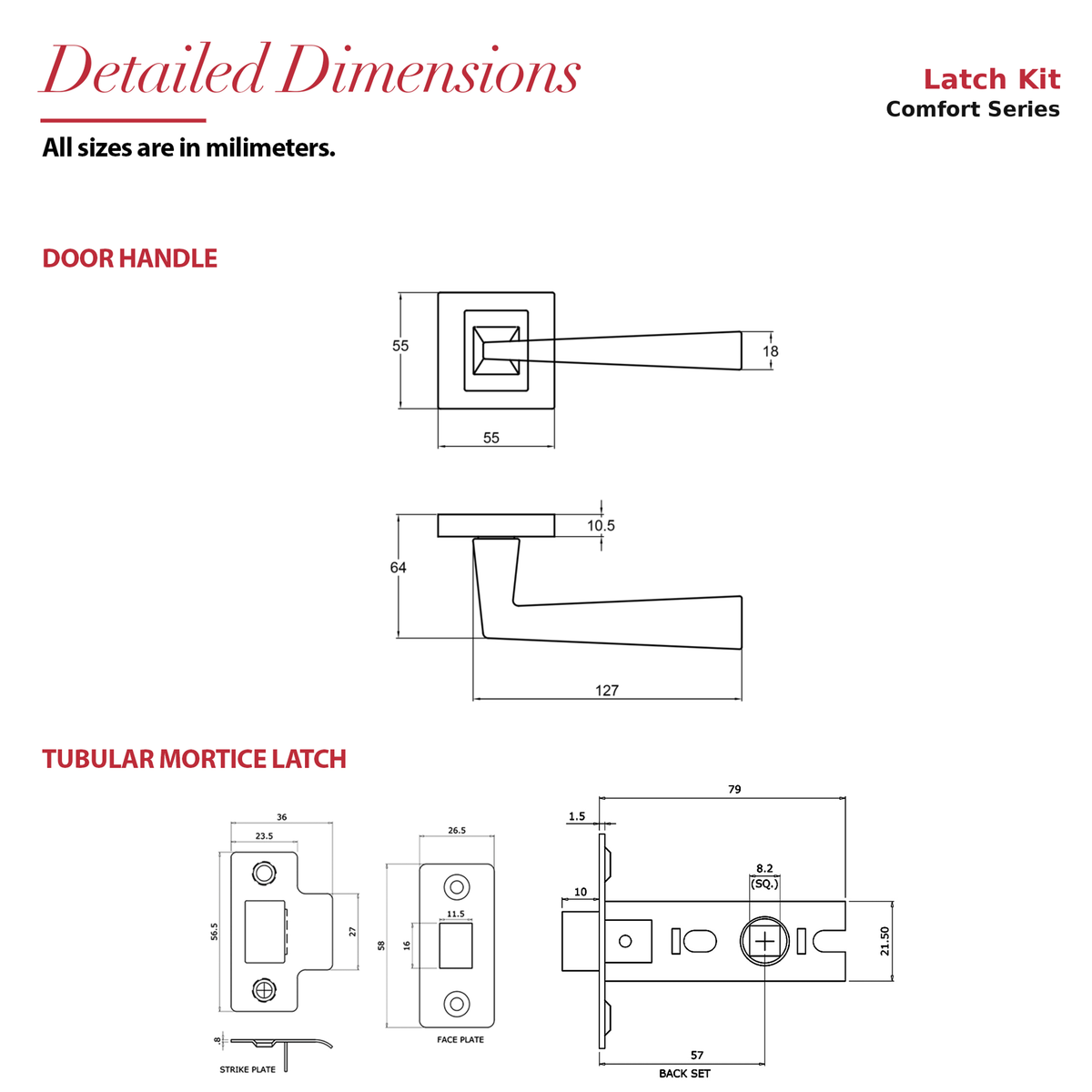 Helix Matt Black Passage Door Lever Handles – dimensions and measurements diagram