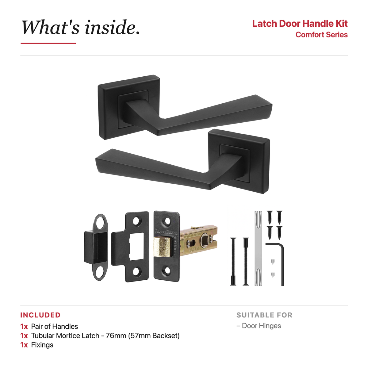 Helix Matt Black Passage Door Lever Handles – showing what's included in the box