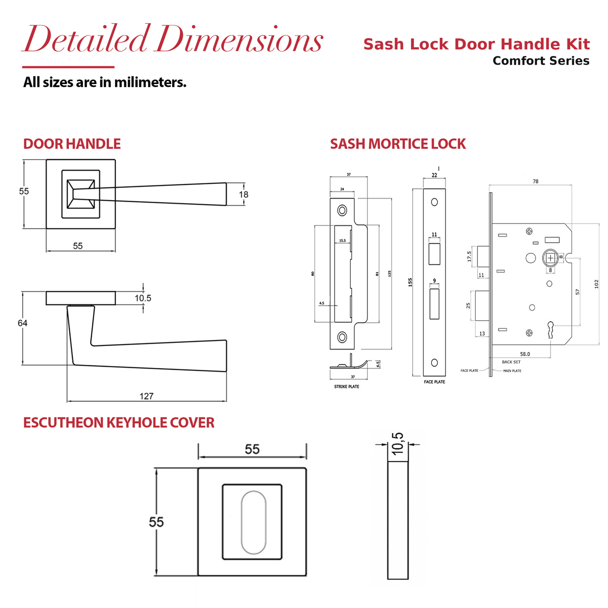 Helix Matt Black Privacy Door Lever Handles – dimensions and measurements diagram