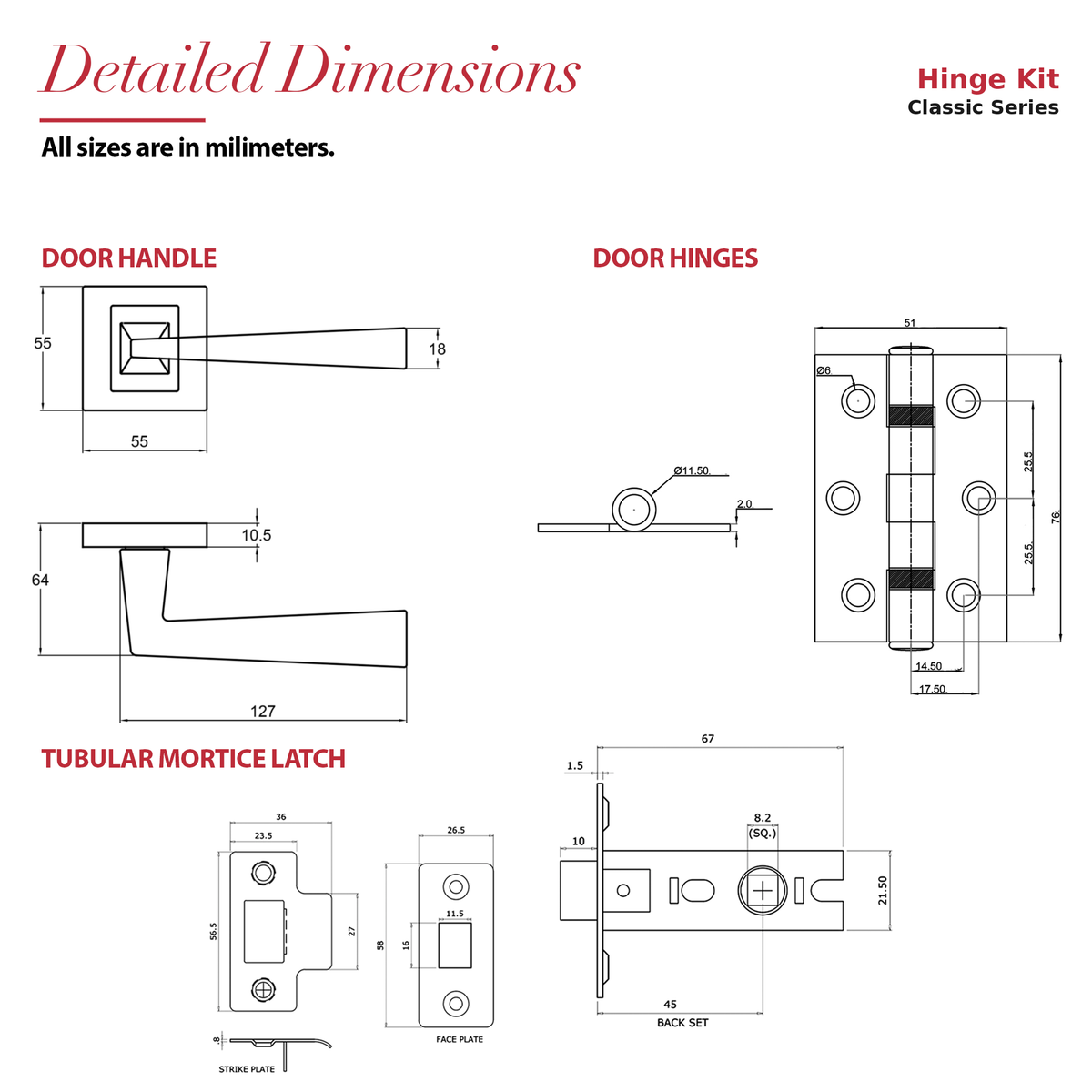 Helix Matt Black Passage Door Lever Handles- Latch And Hinge Set – dimensions and measurements diagram
