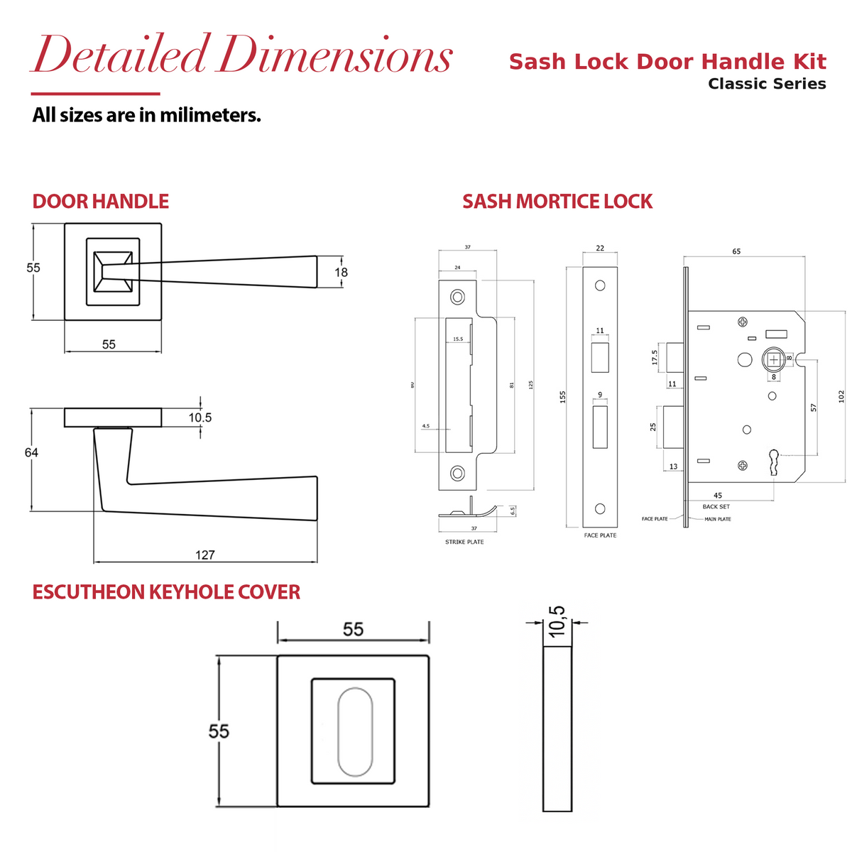 Helix Matt Black Privacy Door Lever Handles – dimensions and measurements diagram