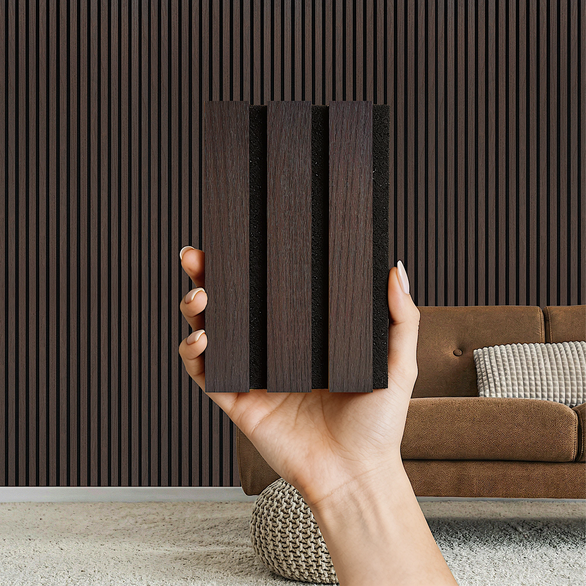 Acoustic Slat Wood Wall Panel - Smoked Oak - 2400 - 2 Pack – held in hand to show the size and finish