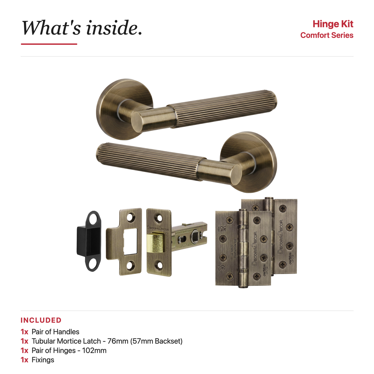 Hera Antique Brass Passage Door Lever Handles – showing what's included in the box