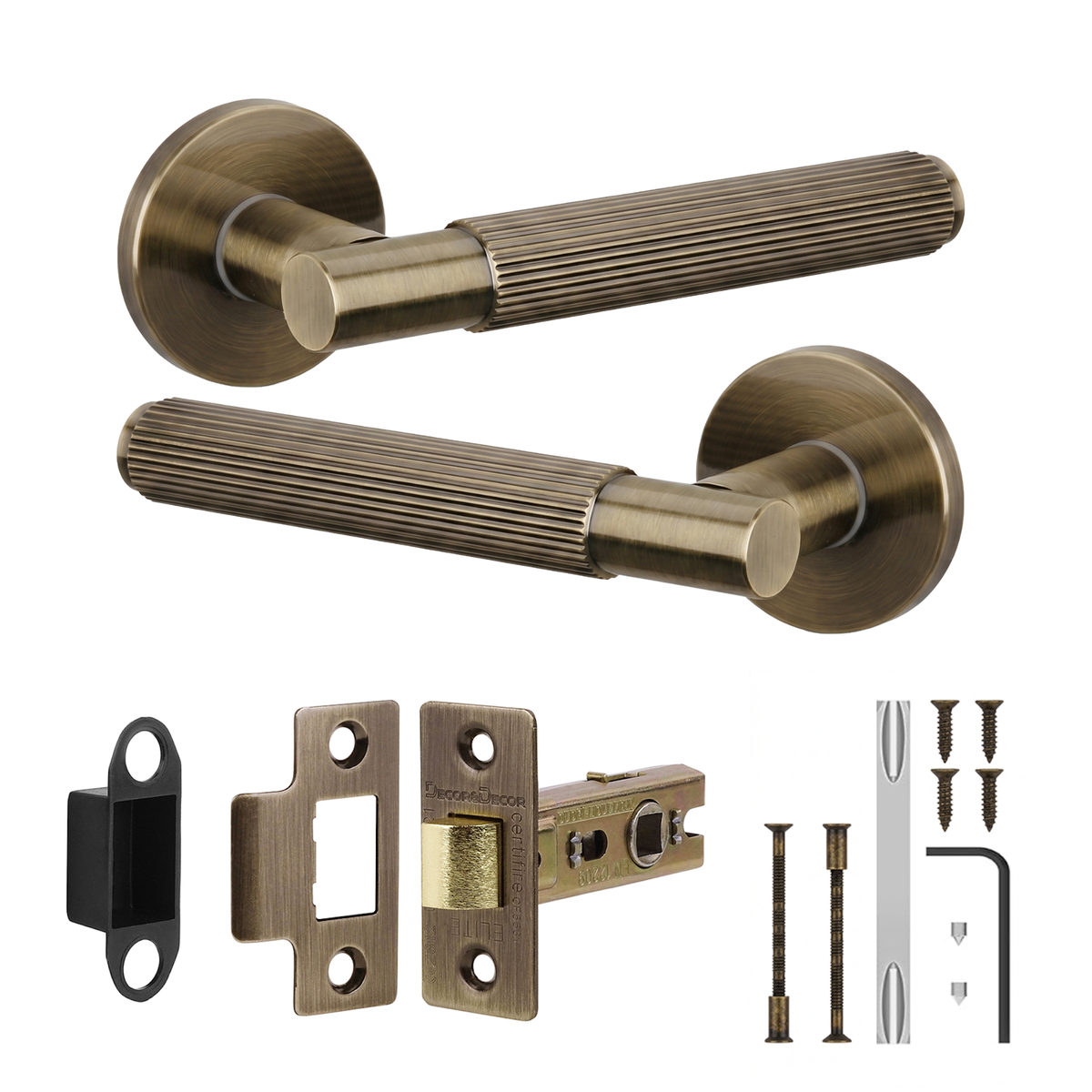 Hera Antique Brass Passage Door Lever Handles - Latch Kit 76mm