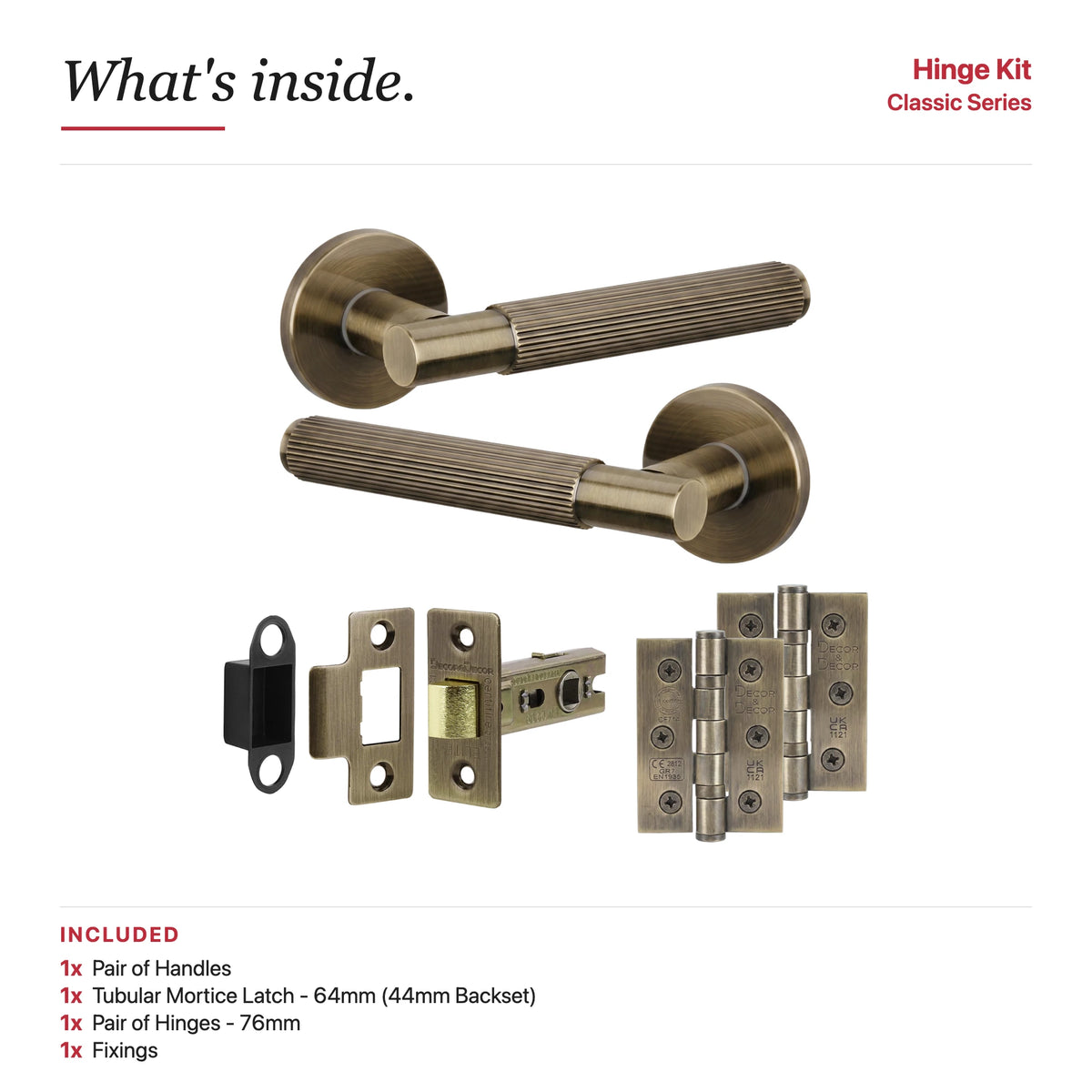 Hera Antique Brass Passage Door Handles – showing what's included in the box