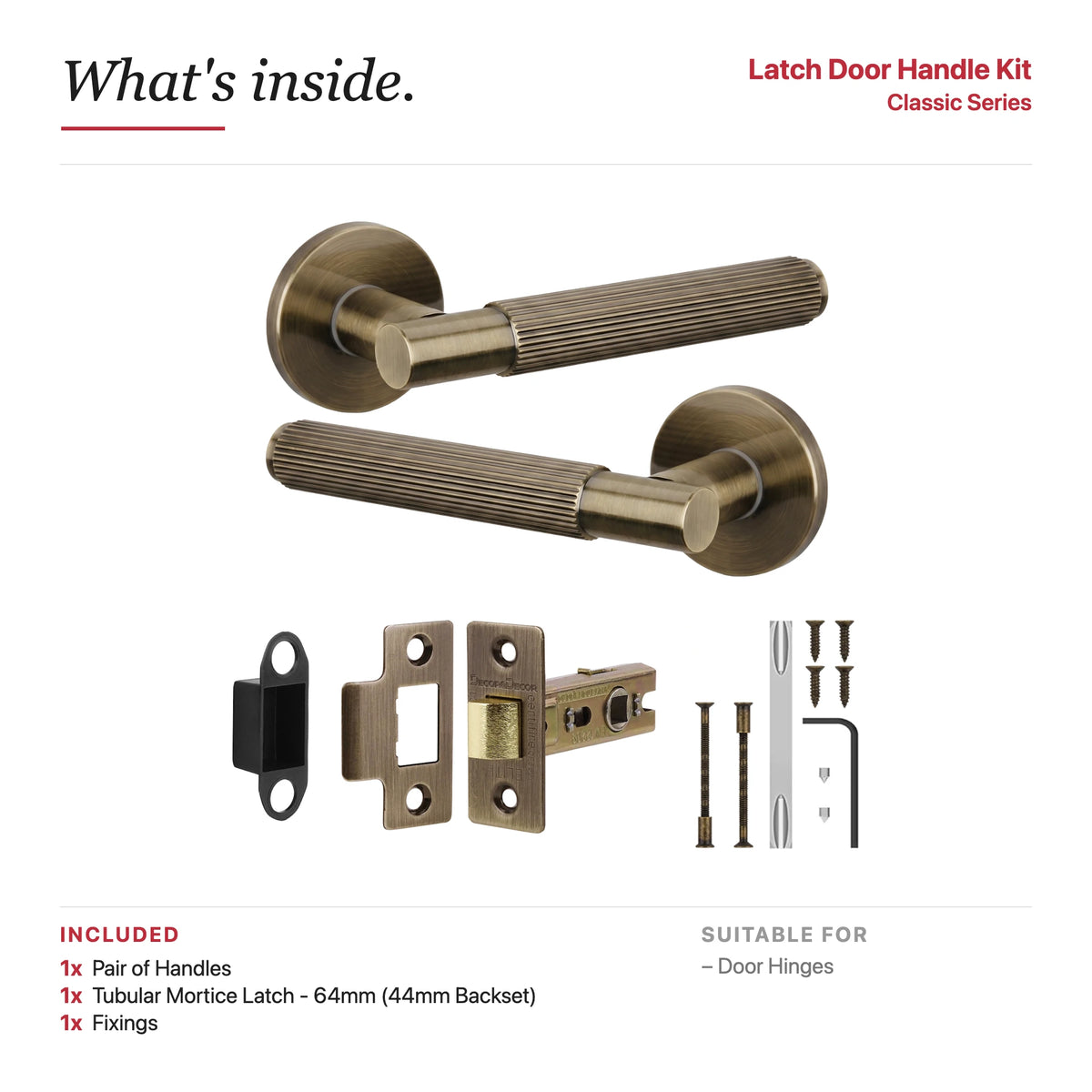 Hera Antique Brass Passage Door Handles – showing what's included in the box