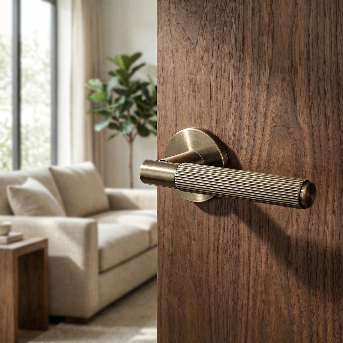 Hera Internal Door Handles - Antique Brass – in a styled room setting