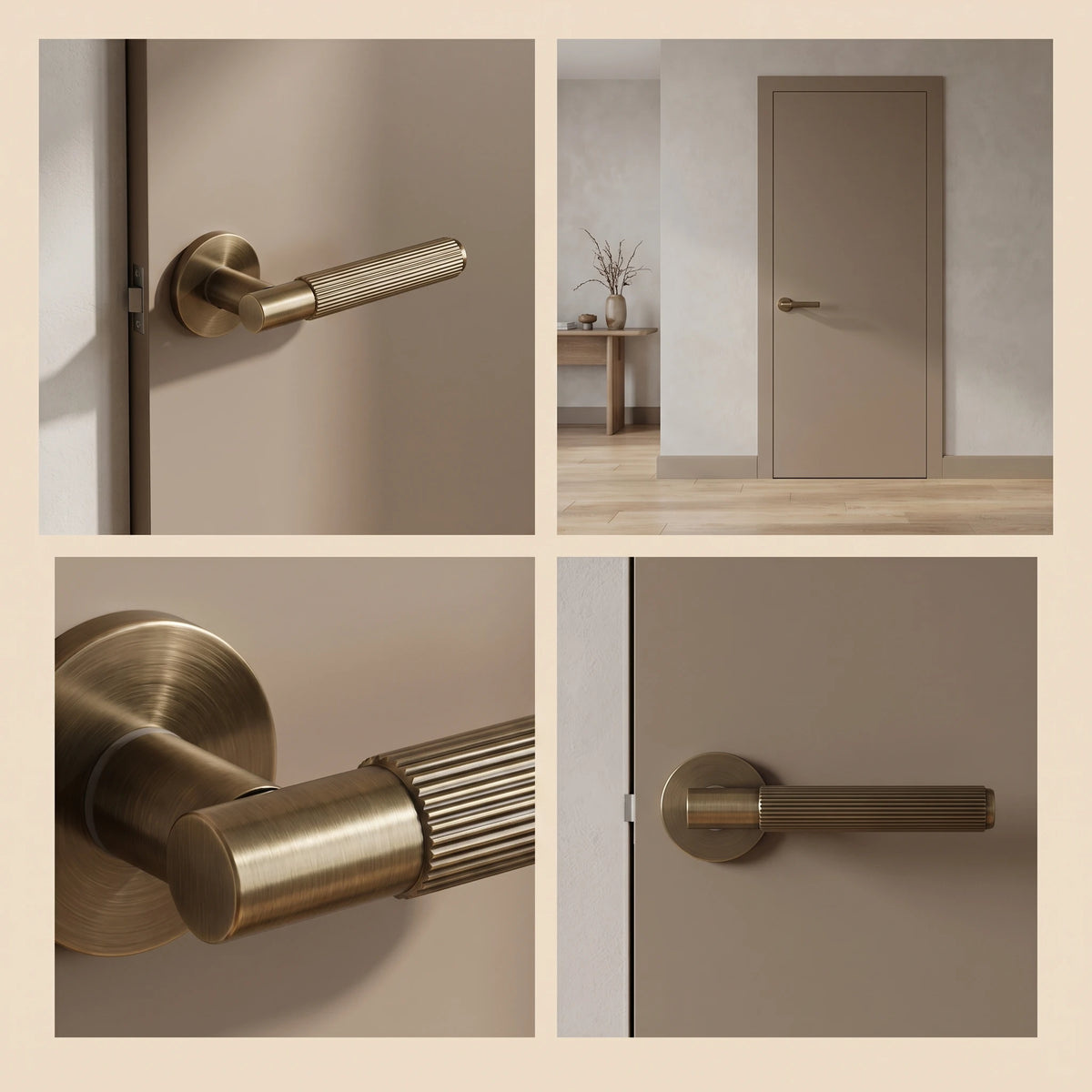 Hera Antique Brass Passage Door Handles – fitted on an interior door in a styled room setting 10