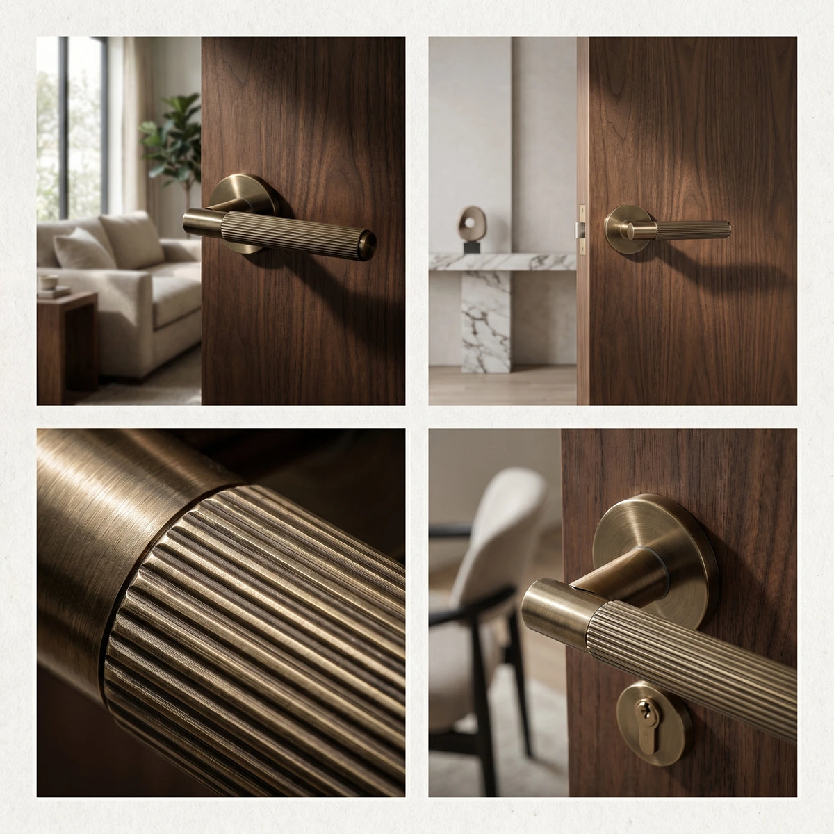 Hera Antique Brass Privacy Door Handles – fitted on an interior door in a styled room setting 7