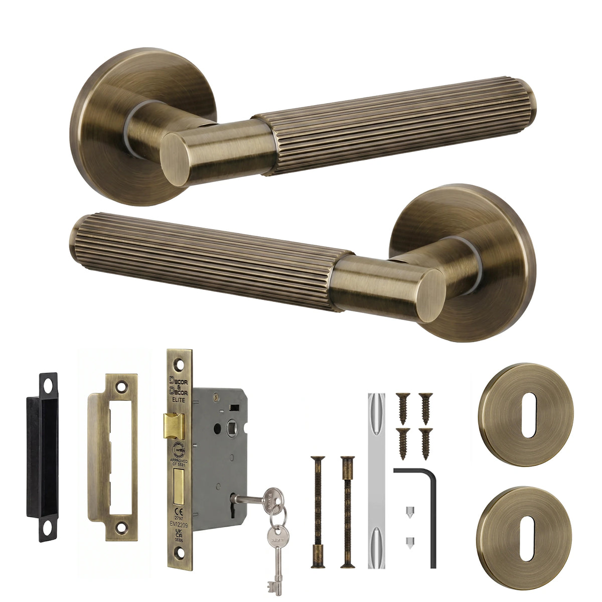 Hera Antique Brass Privacy Door Handles - Sash Lock Kit Set