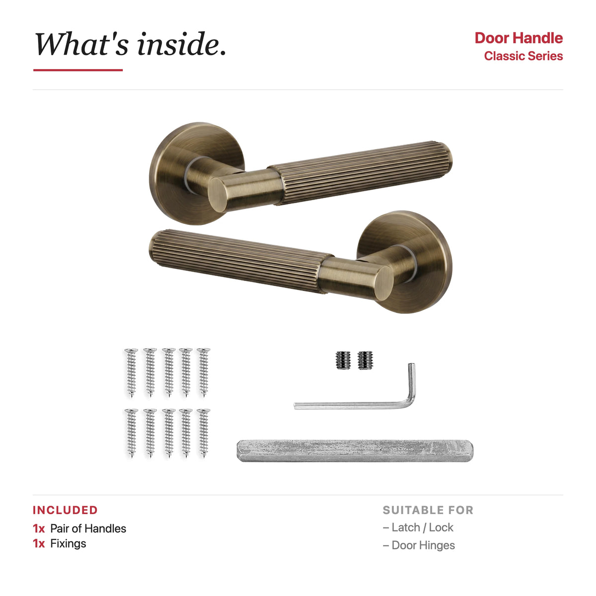 Hera Internal Door Handles - Antique Brass – showing what's included in the box
