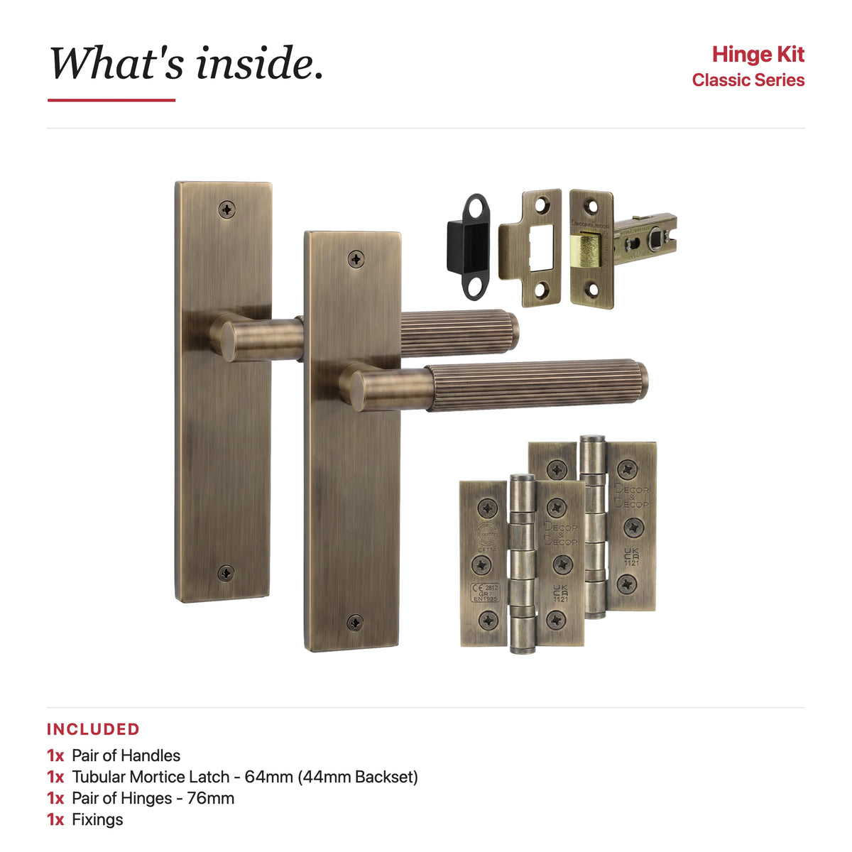 Hera Antique Brass Passage Door Handles on Backplate – showing what's included in the box