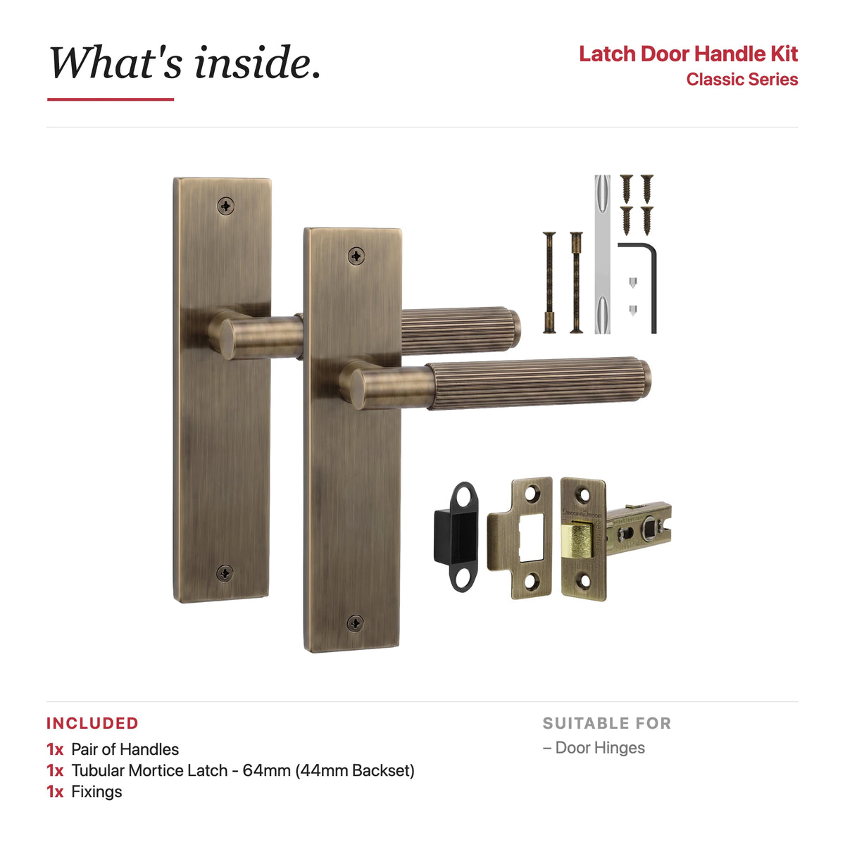 Hera Antique Brass Passage Door Handles on Backplate – showing what's included in the box