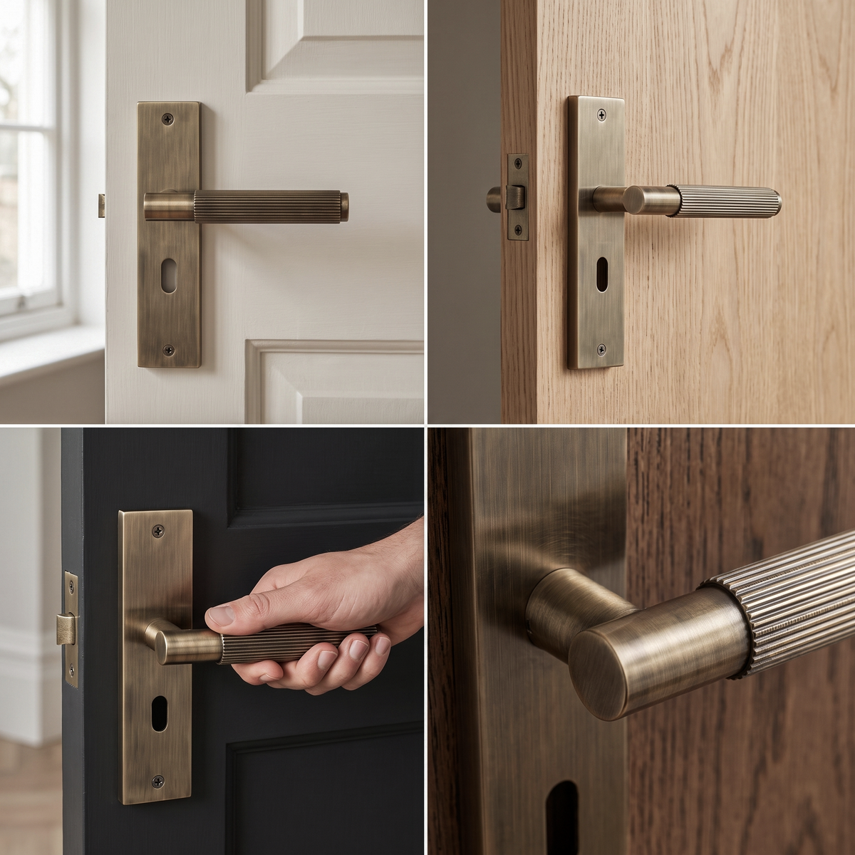 Hera Antique Brass Privacy Door Lever Handles on Backplate – fitted on an interior door in a styled room setting
