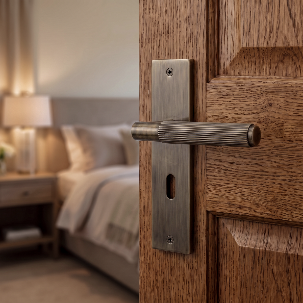 Hera Antique Brass Privacy Door Lever Handles on Backplate – fitted on an interior door in a styled room setting 2