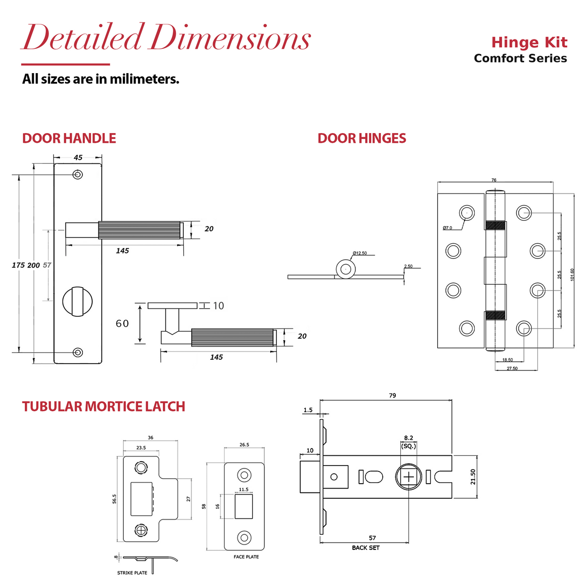 Hera Matt Black Passage Door Lever Handles on Backplate – dimensions and measurements diagram