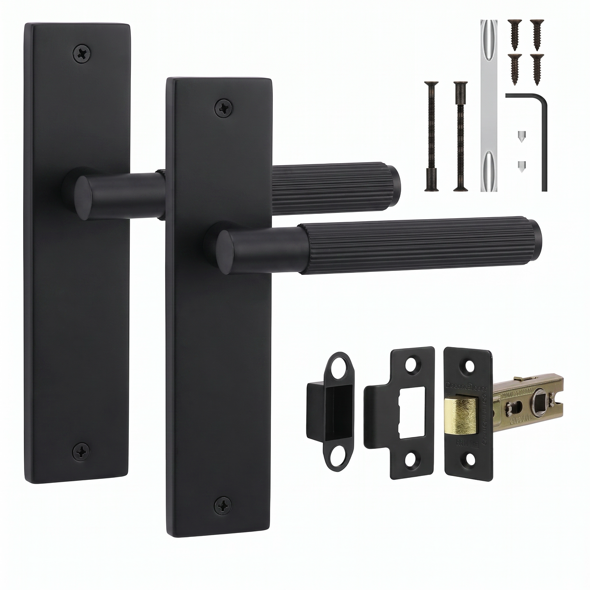 Hera Matt Black Passage Door Lever Handles on Backplate - Latch Kit 76mm