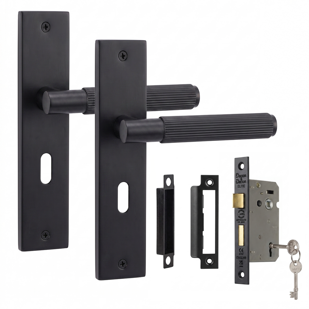 Hera Matt Black Privacy Door Lever Handles on Backplate - Sash Lock Kit 76mm