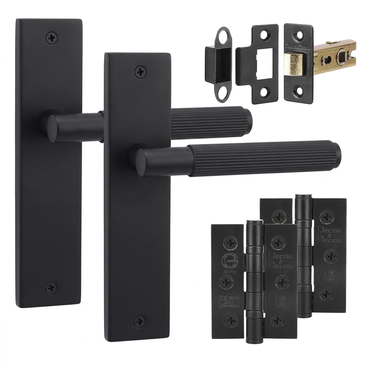 Hera Matt Black Passage Door Handles on Backplate - Latch and Hinge Set