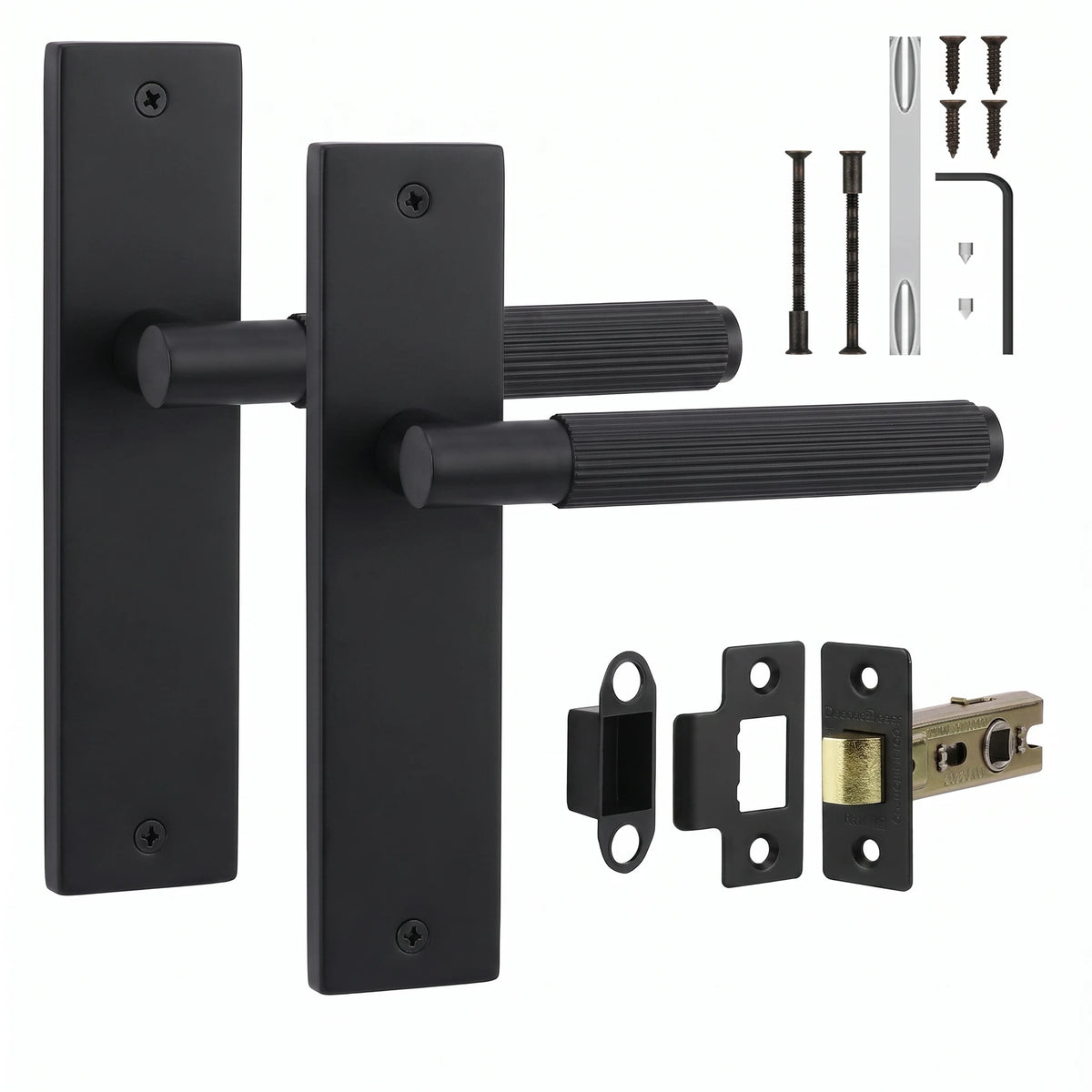 Hera Matt Black Passage Door Handles on Backplate - Latch Kit Set