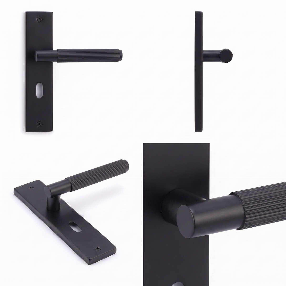 Hera Matt Black Privacy Door Lever Handles on Backplate – shown from multiple angles