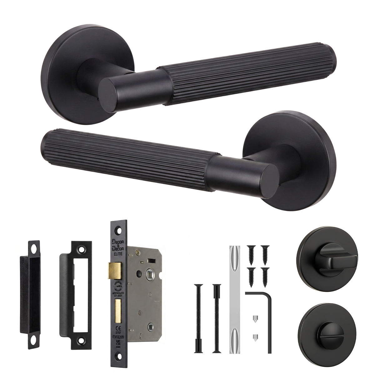 Hera Matt Black Bathroom Door Lever Handles - Bathroom Kit 76mm