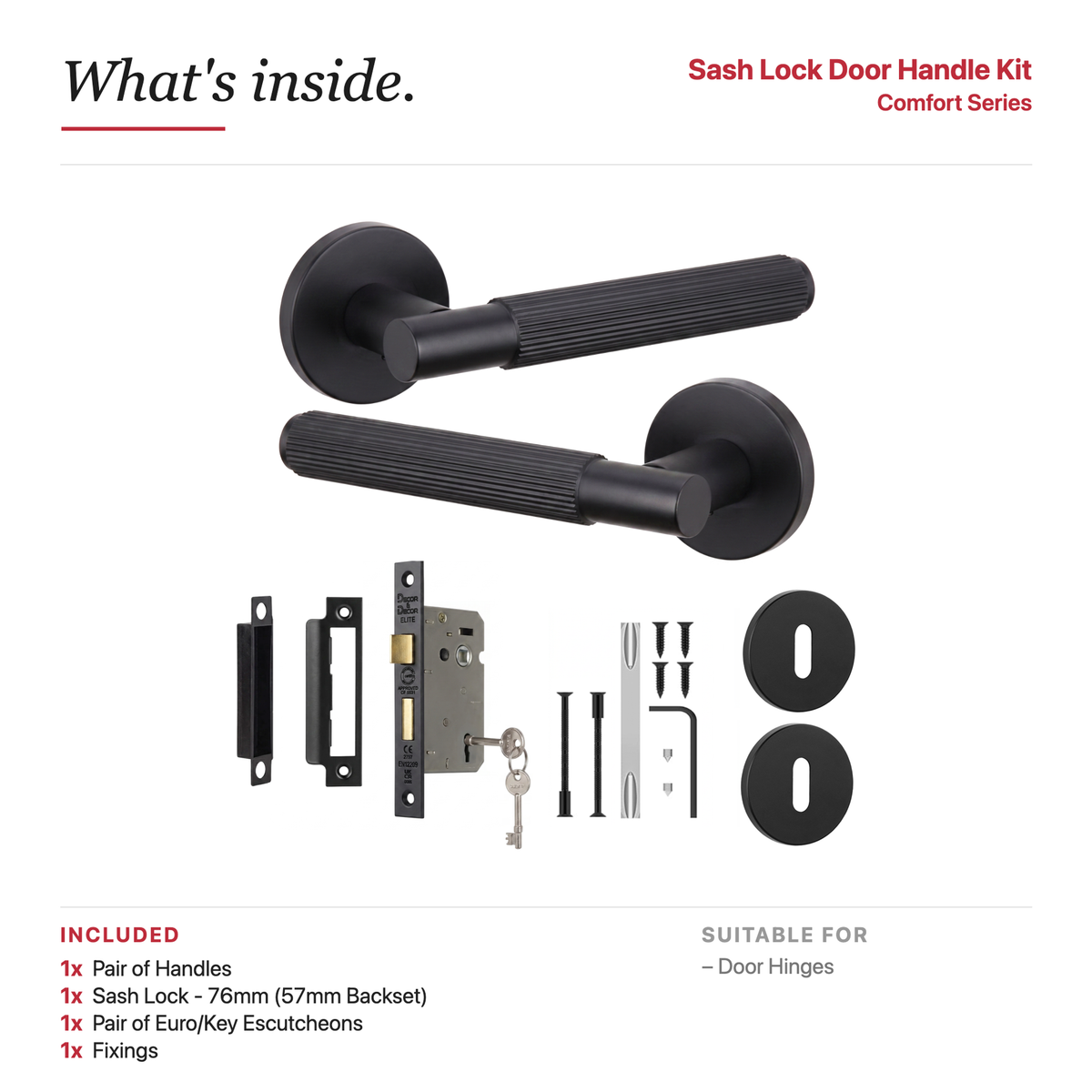 Hera Matt Black Privacy Door Lever Handles – showing what's included in the box
