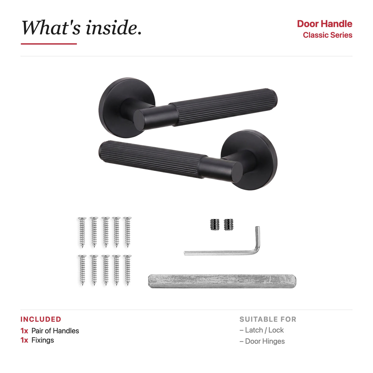 Hera Internal Door Handles - Matt Black – showing what's included in the box