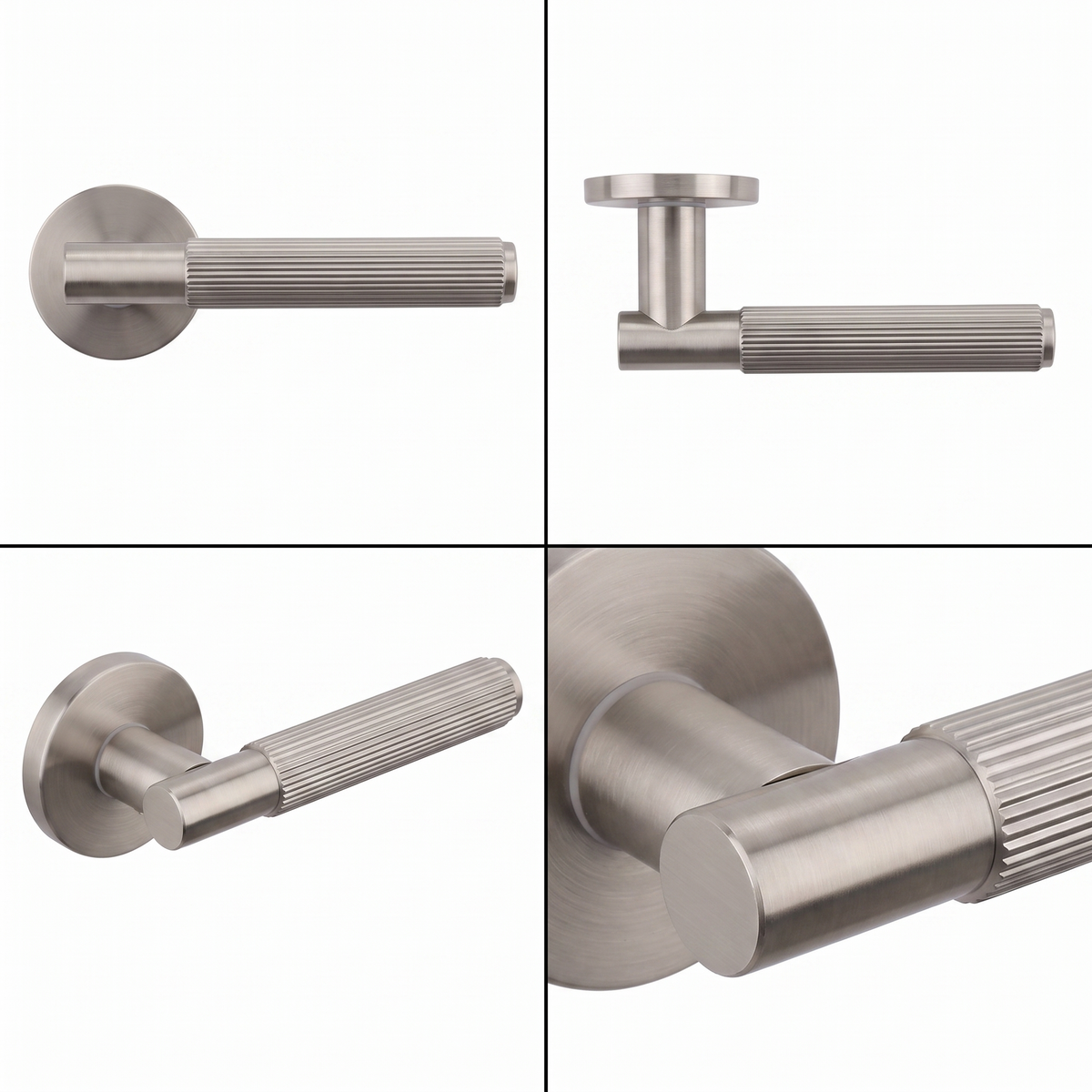 Hera Satin Nickel Passage Door Lever Handles – shown from multiple angles