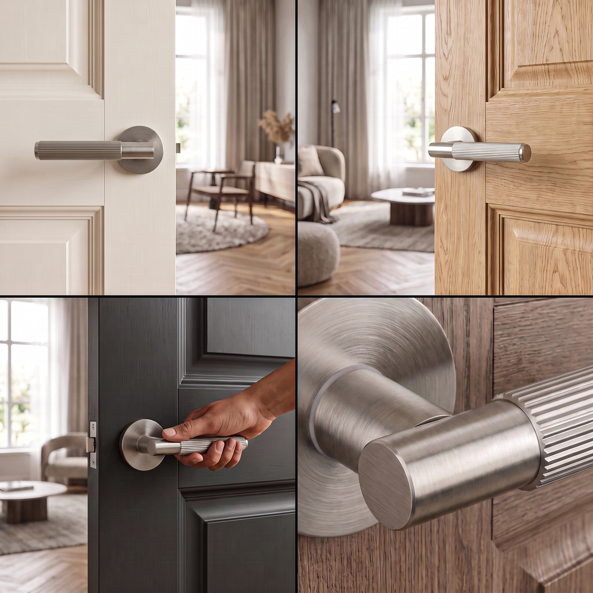 Hera Satin Nickel Passage Door Lever Handles – fitted on an interior door in a styled room setting
